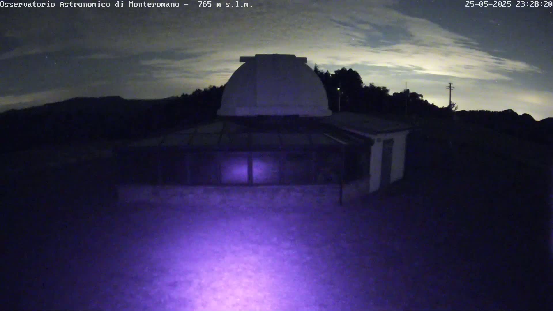 A nighttime view of an observatory with a dome under a partly cloudy sky.