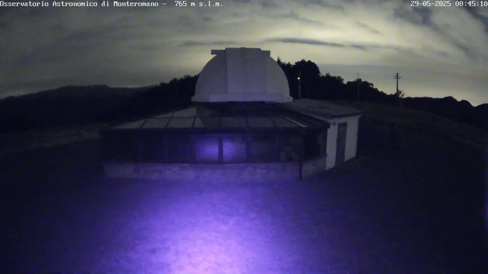 An observatory building with a dome is illuminated under a partly cloudy night sky.