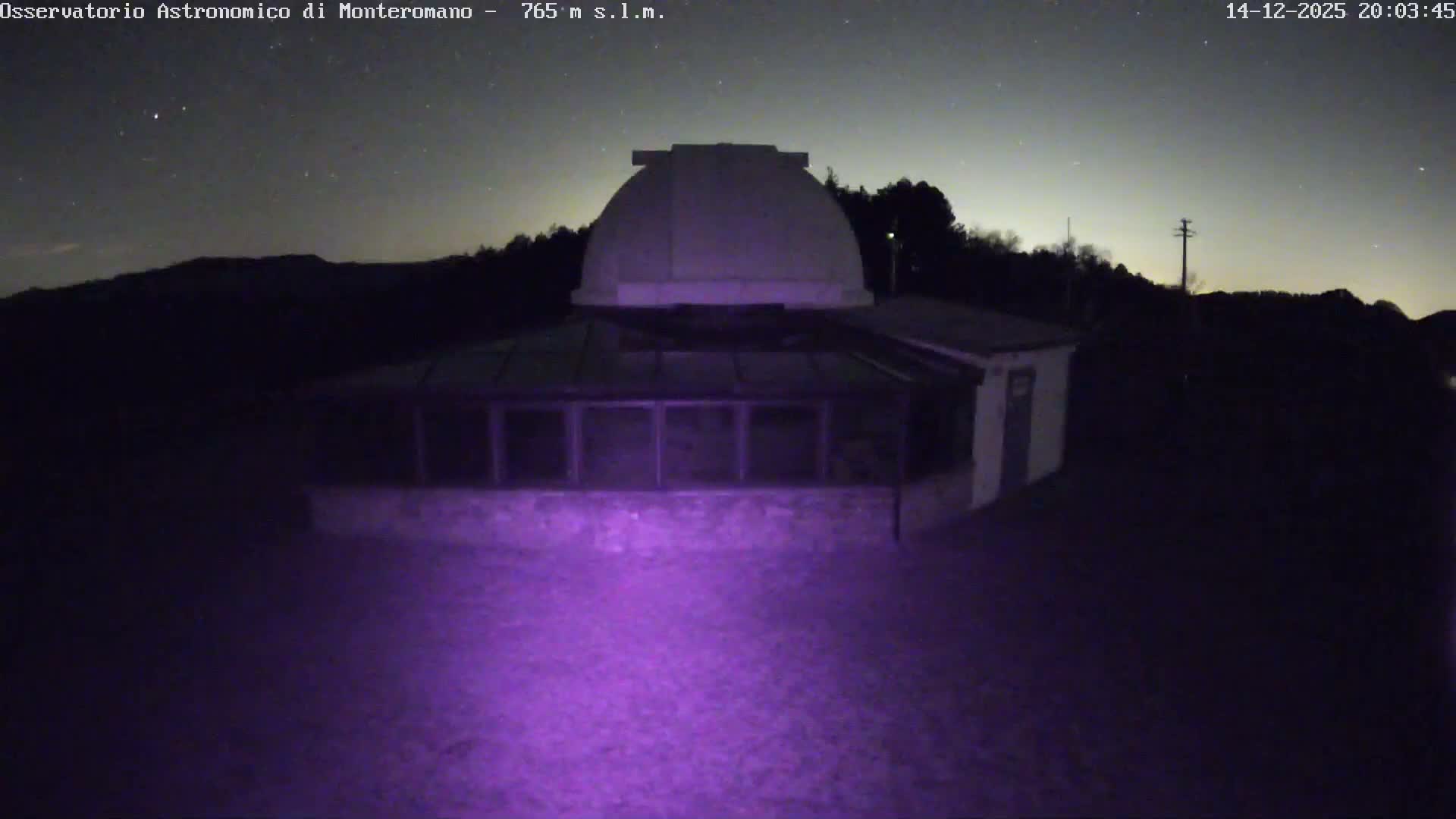 A white astronomical observatory building with an open dome and a glass-roofed section stands on a grassy hill, surrounded by a forest and distant mountains, under a clear, sunny blue sky.