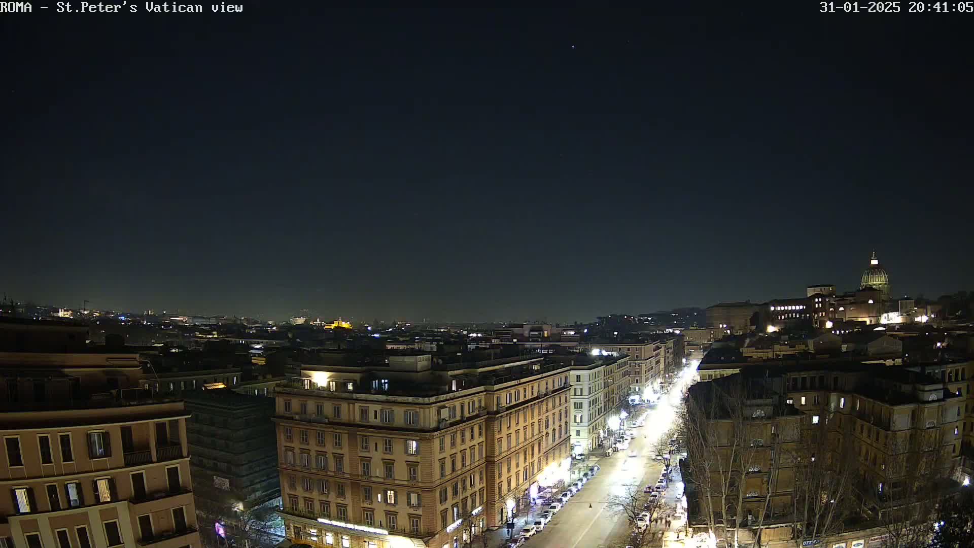 A nighttime aerial view of a city, showing illuminated buildings and streets, with a clear, dark sky and the dome of St. Peter's Basilica visible in the distance.