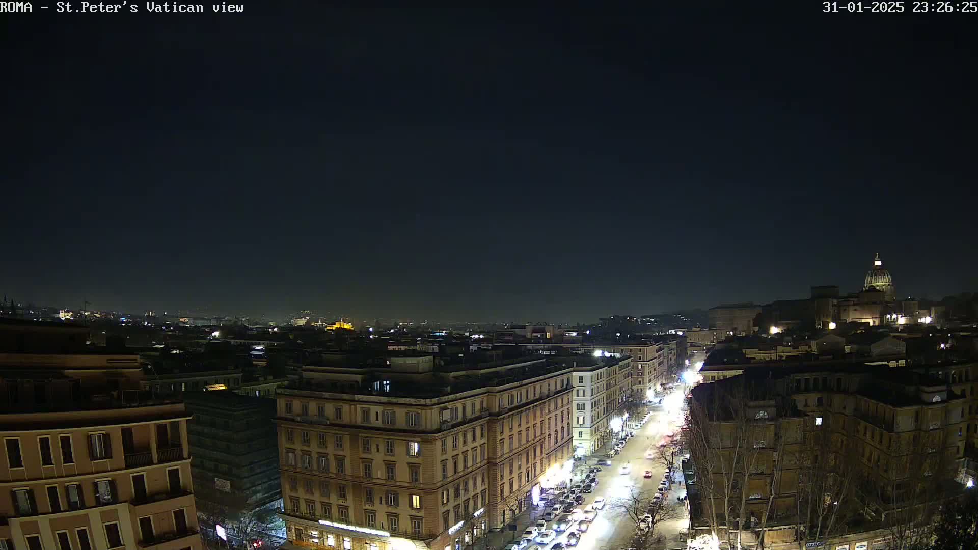 A nighttime view of a city street lined with buildings, with a dome-topped structure visible in the distance under a clear, dark sky.