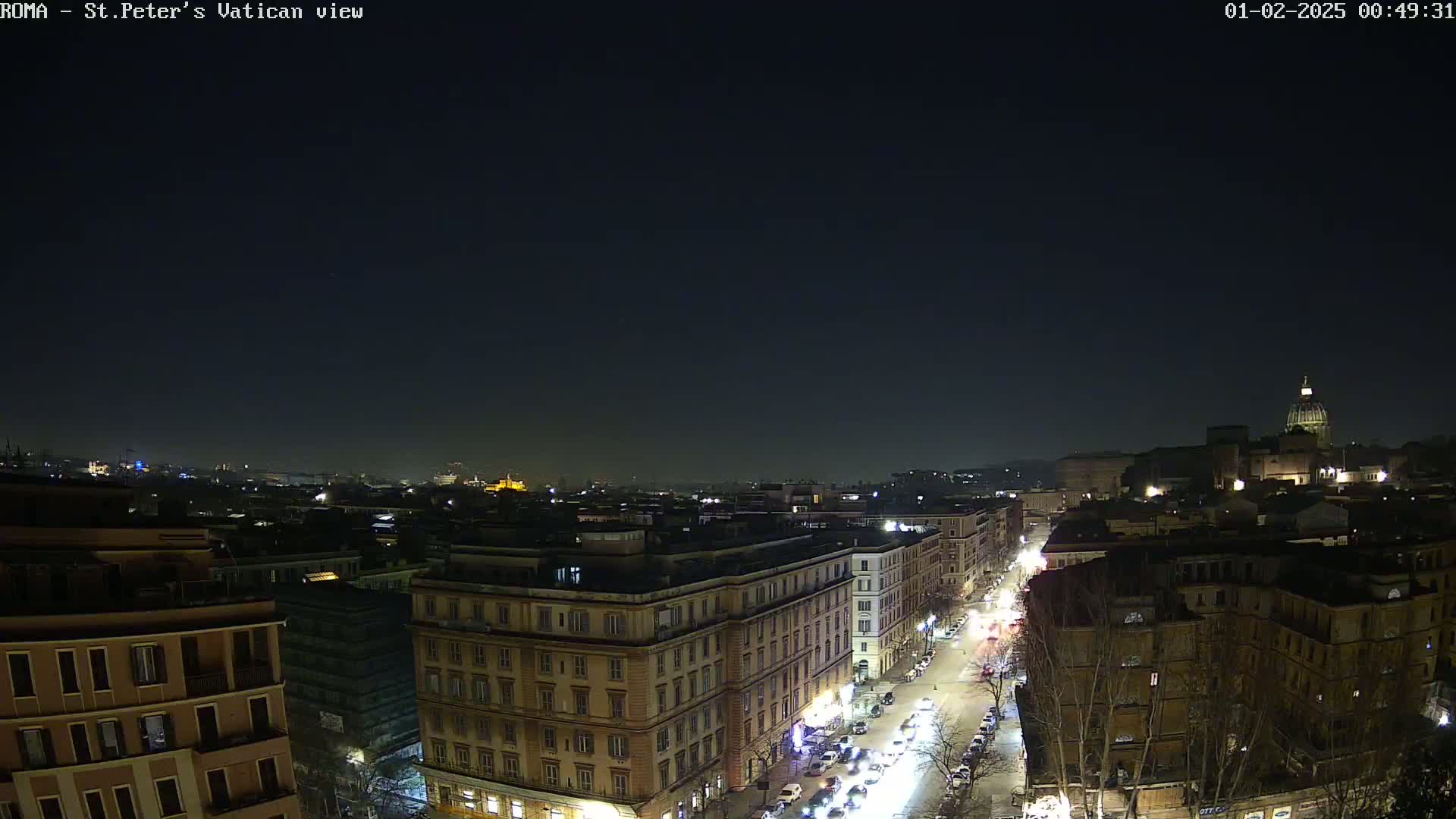 A nighttime, high-angle view of a city street scene with buildings, cars, and trees, showing St. Peter's Basilica in the distance under a clear, dark sky.
