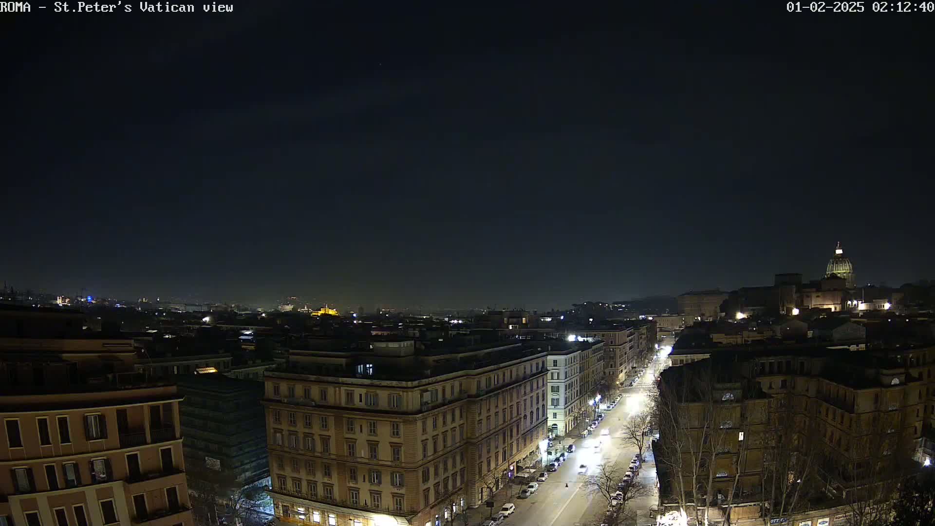 A nighttime, aerial view of a city street lined with buildings, illuminated by streetlights, with a distant dome-shaped structure visible under a dark sky.