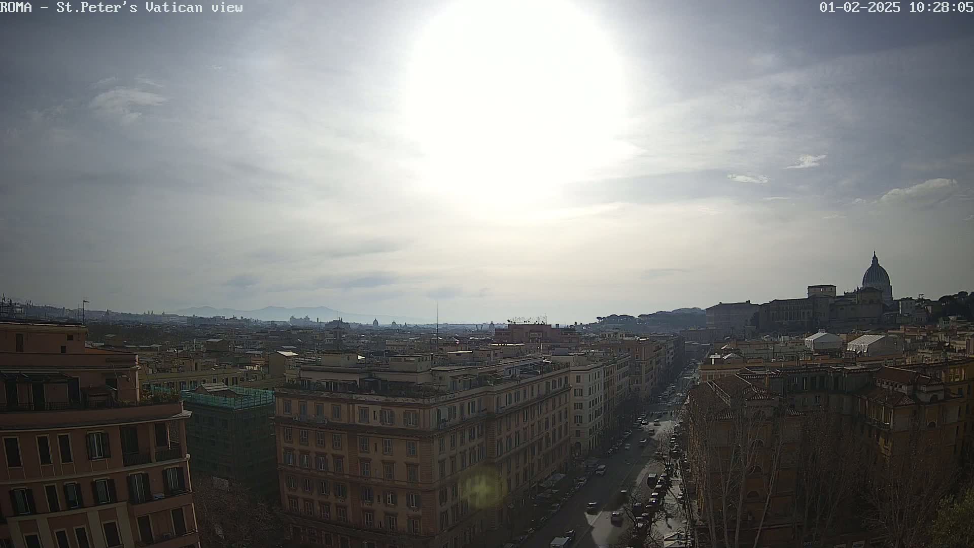 A hazy, sunny day overlooks a cityscape of Rome, with St. Peter's Basilica visible in the distance.