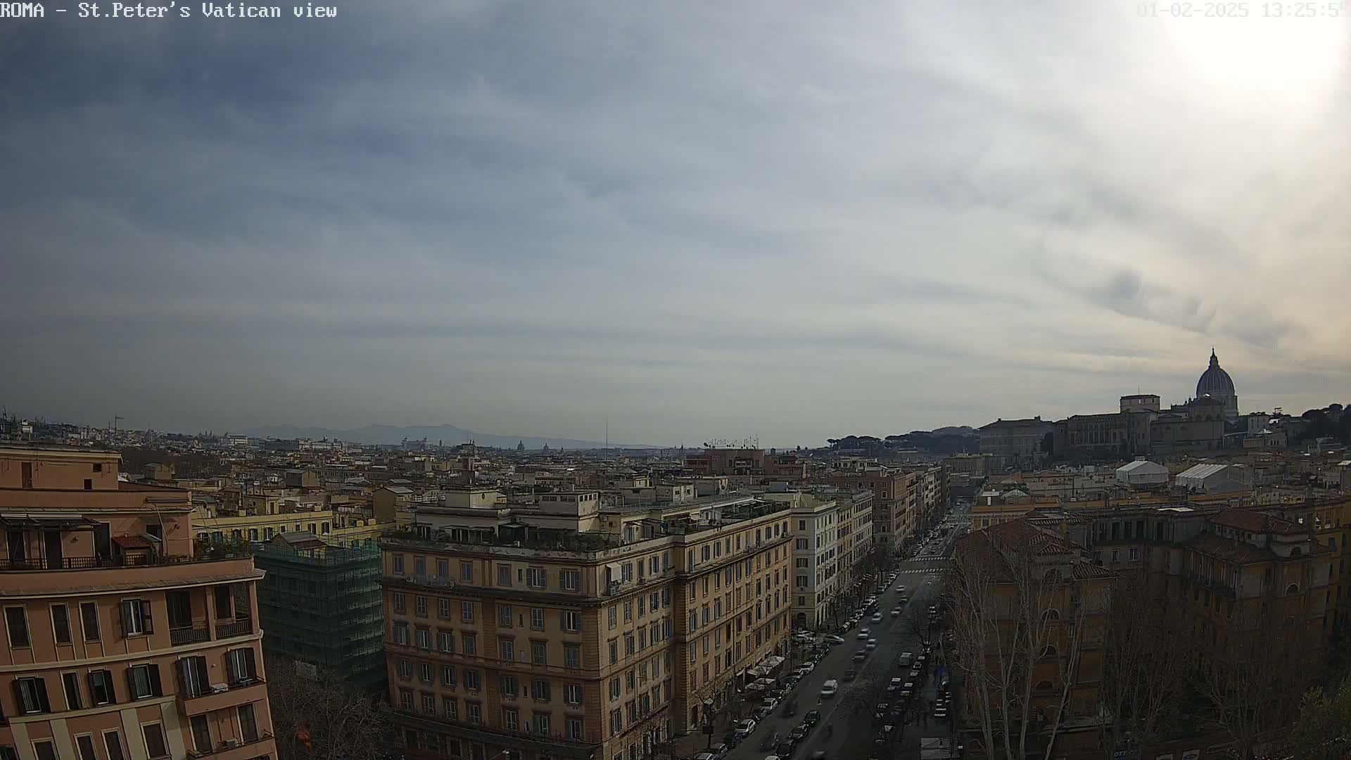 A distant view of St. Peter's Basilica in Rome under a cloudy sky, overlooking a city street and many buildings.