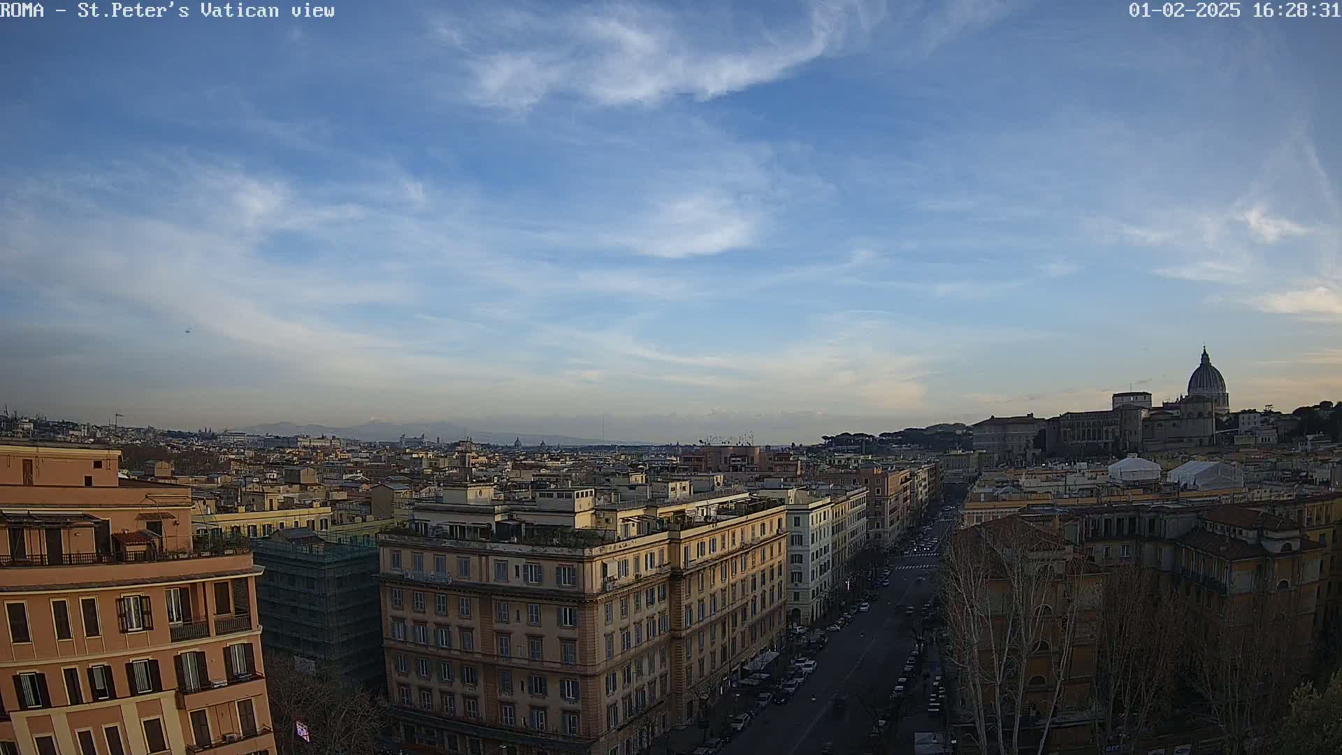 A partly cloudy sky overlooks a cityscape of Rome, Italy, with St. Peter's Basilica visible in the distance.