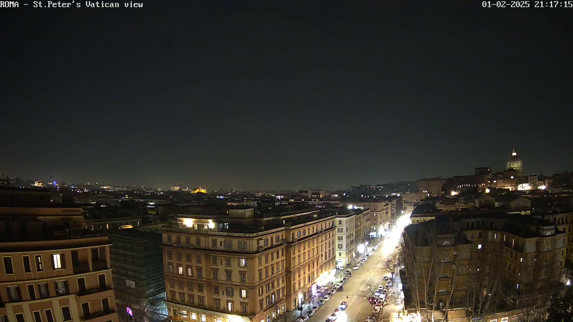A nighttime aerial view of Rome, Italy, showing city streets illuminated and the dome of St. Peter's Basilica in the distance under a clear, dark sky.
