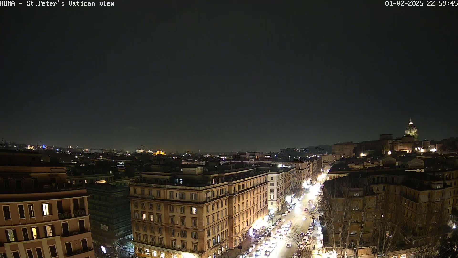 A nighttime, aerial view of a city street lined with buildings, with a dome-topped structure visible in the distance under a clear, dark sky.