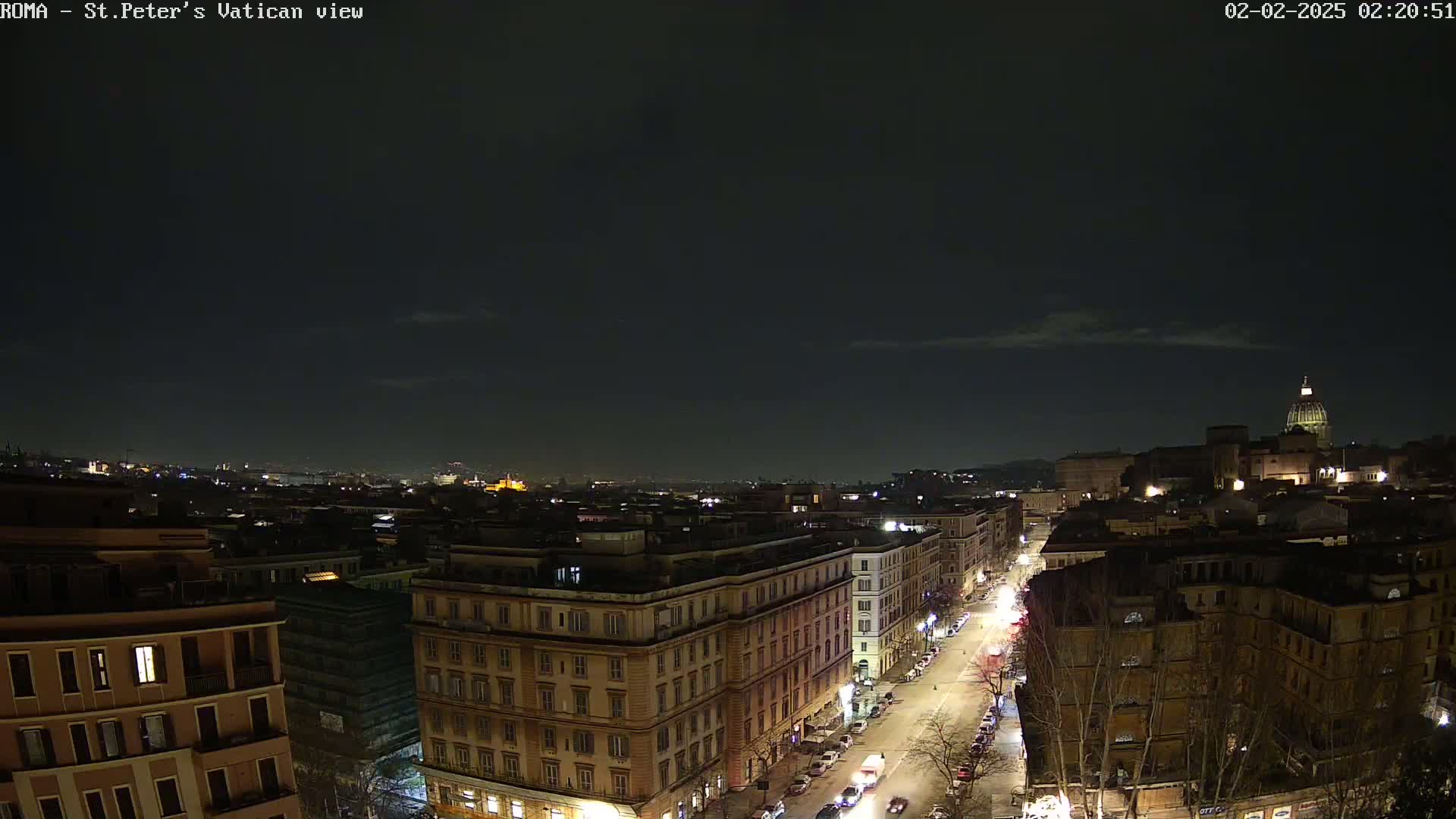 A nighttime view of a city, possibly Rome, showing a street with parked cars and buildings extending into the distance under a partly cloudy sky.
