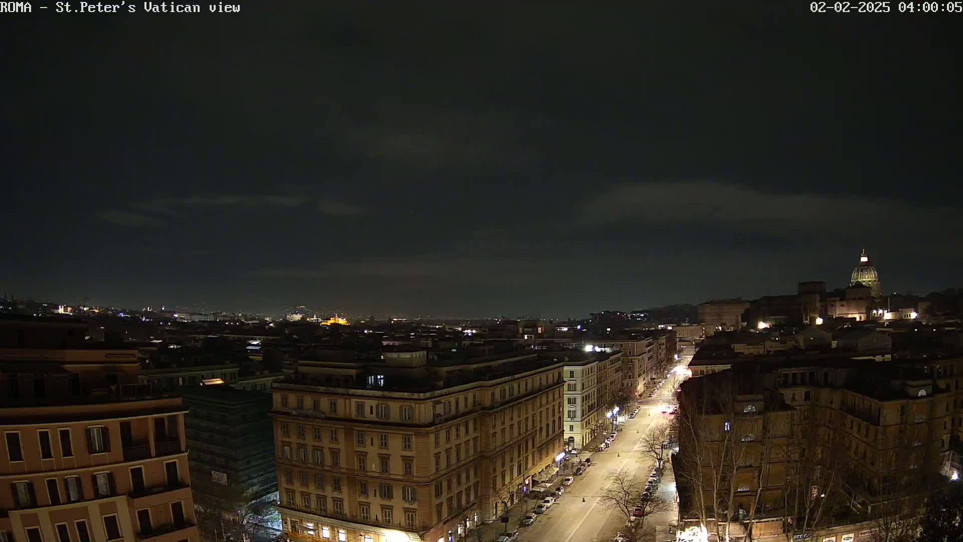 A nighttime aerial view of a city street lined with buildings, extending towards a hilltop dome under a partly cloudy sky.