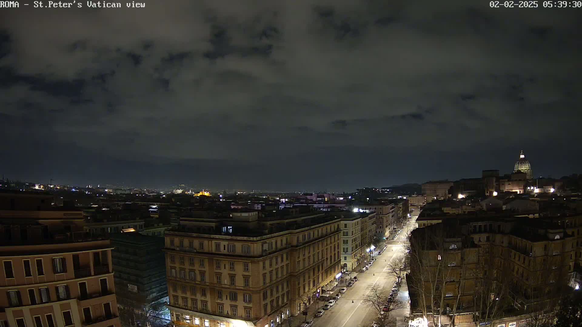 A nighttime, high-angle view of a city street, lined with buildings, leading toward a distant dome under a mostly cloudy sky.