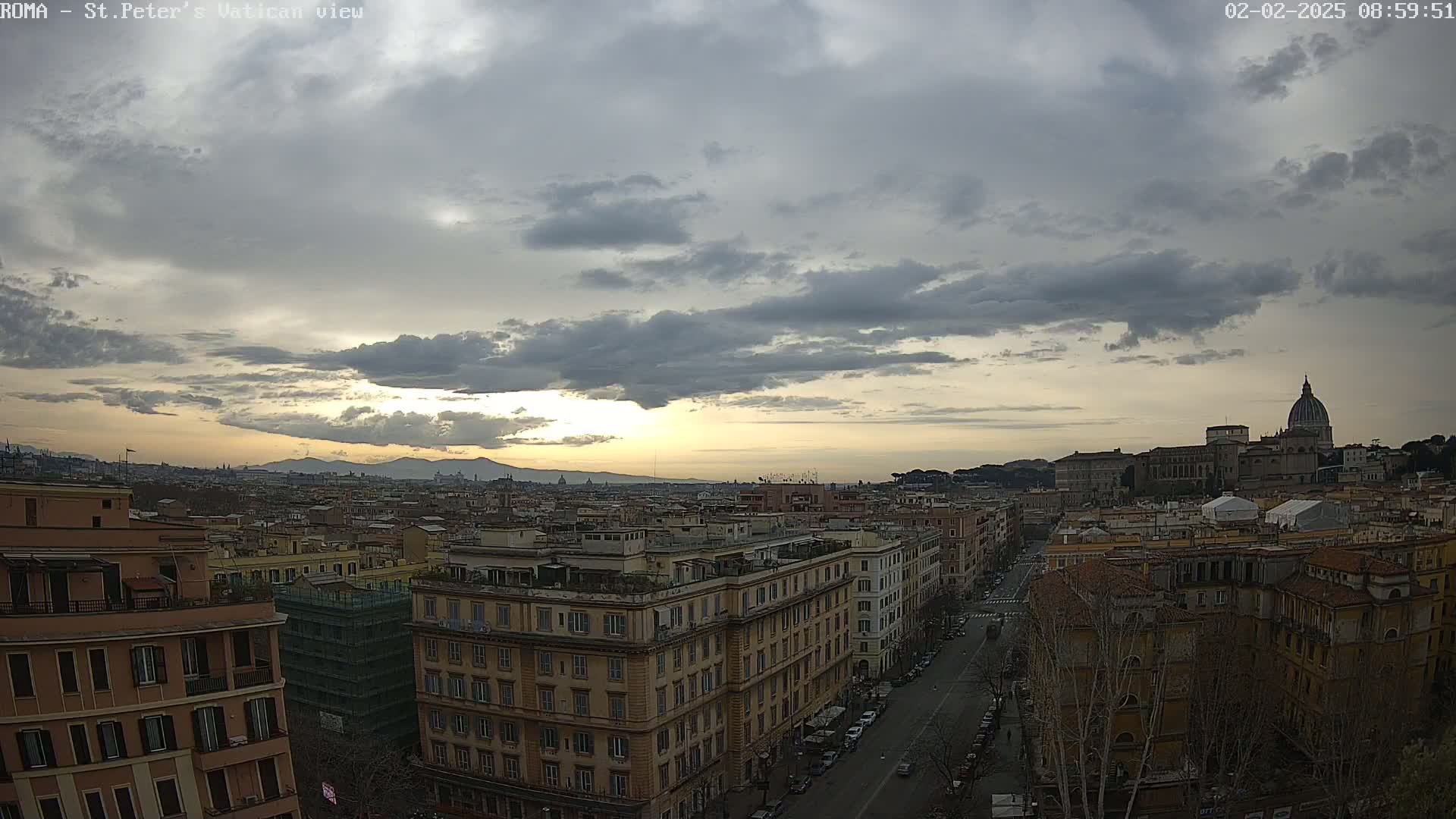 A panoramic view of Rome's cityscape at sunset under a cloudy sky, showing buildings, streets, and the dome of St. Peter's Basilica in the distance.