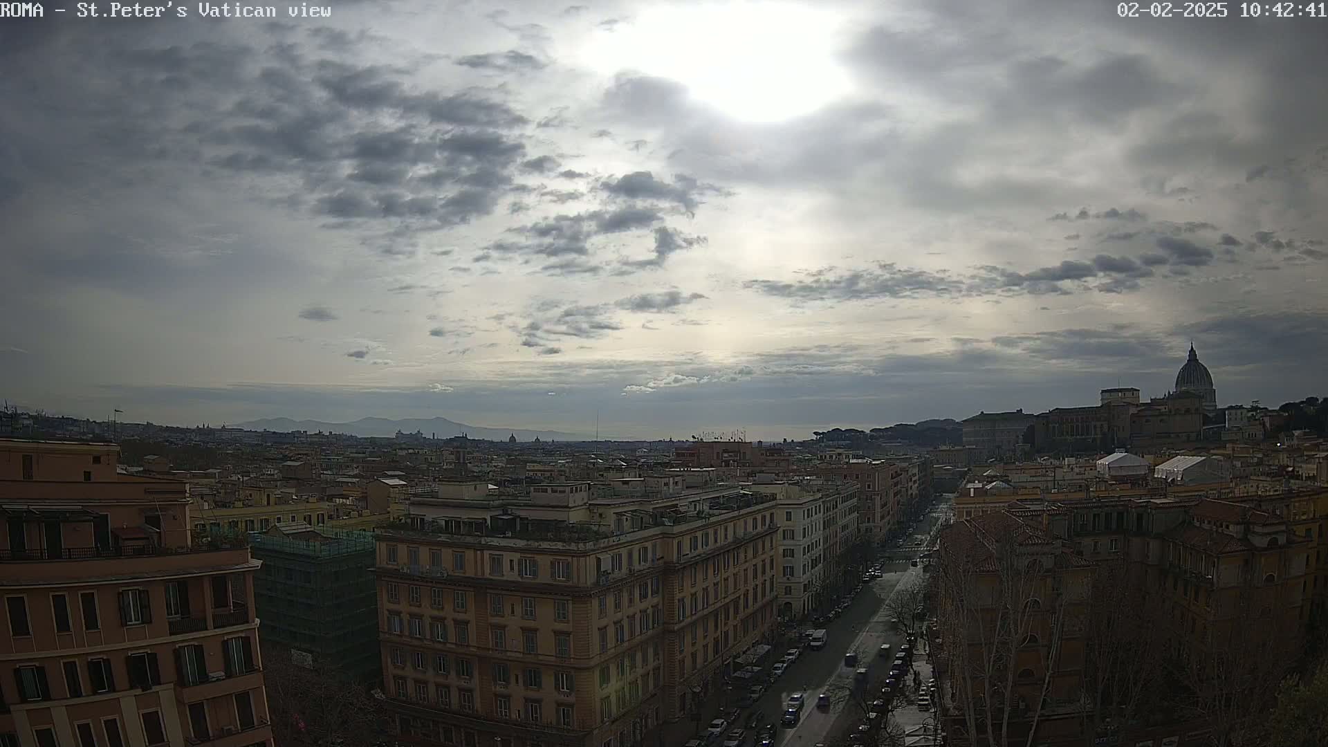 A cloudy, sunlit cityscape view of Rome, Italy, shows buildings stretching to the distant horizon, including the dome of St. Peter's Basilica.