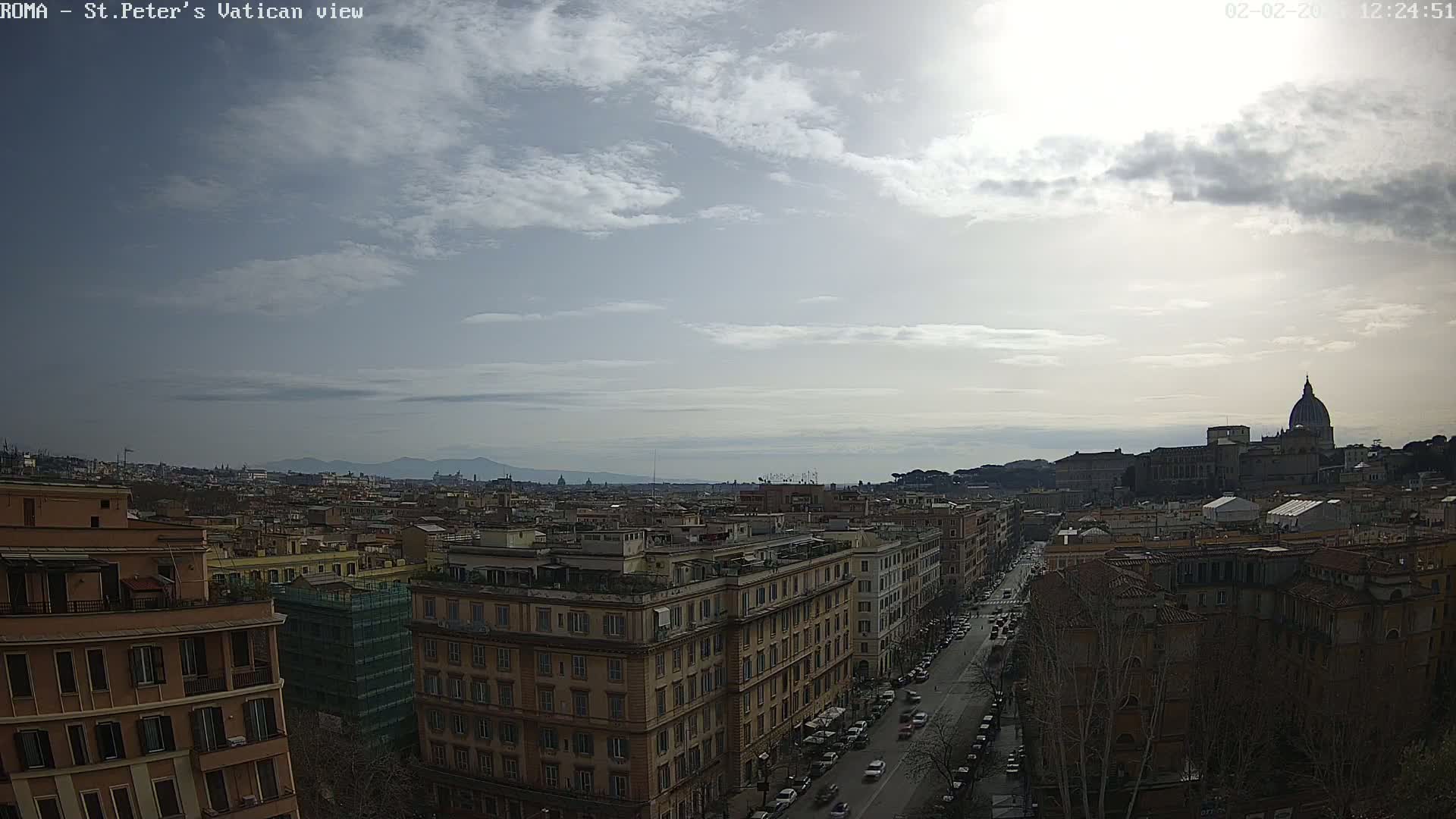 A partly cloudy sky overlooks a cityscape with St. Peter's Basilica visible in the distance.