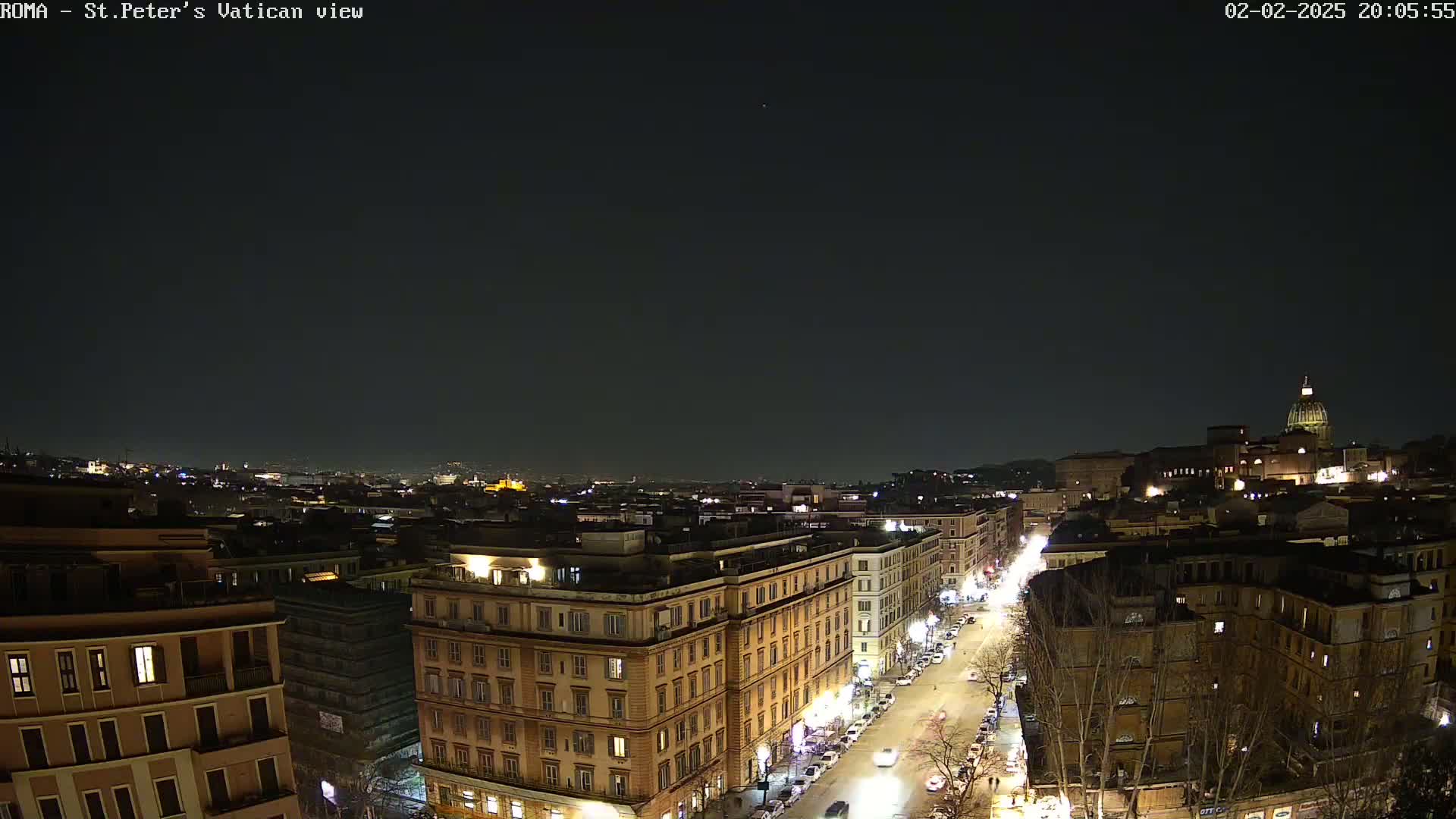 A nighttime view of Rome, Italy, shows a city street lined with buildings, with St. Peter's Basilica visible in the distance under a clear, dark sky.