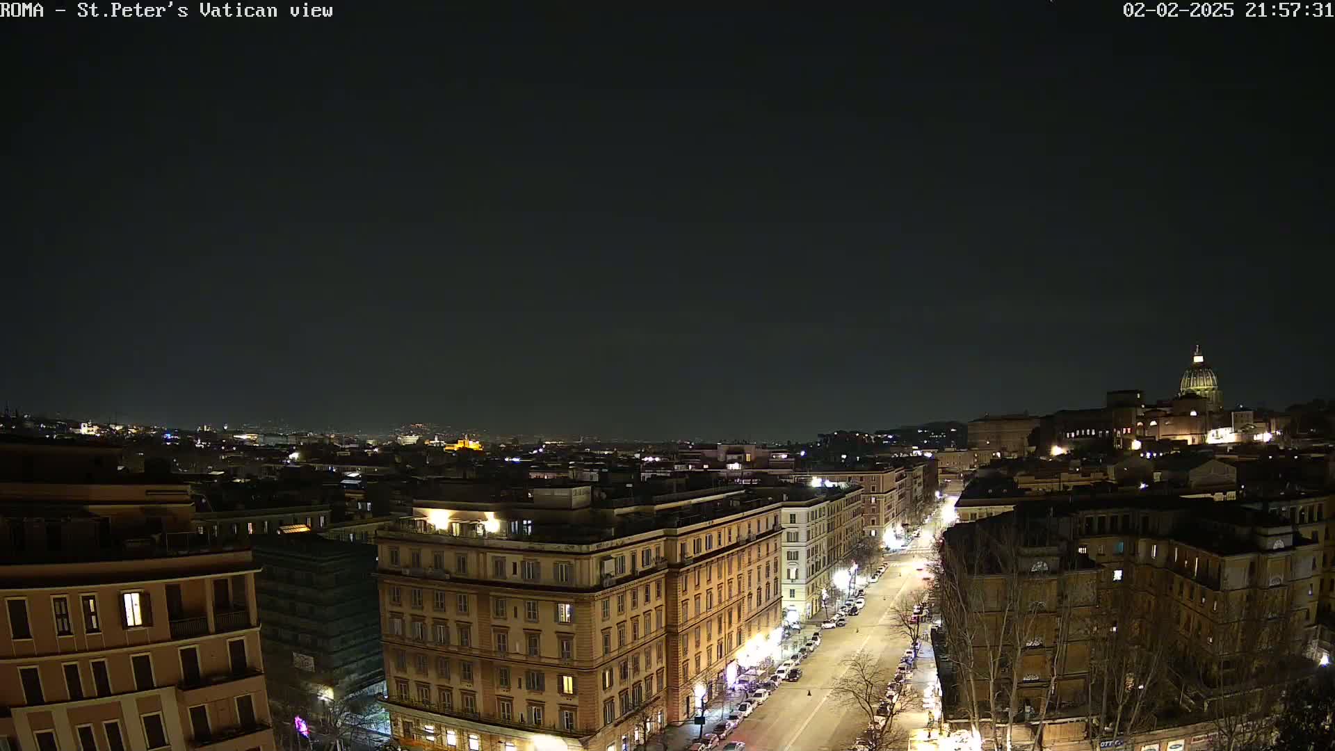 A nighttime, high-angle view of a city, showing a street lined with buildings and the dome of St. Peter's Basilica in the distance under a clear, dark sky.