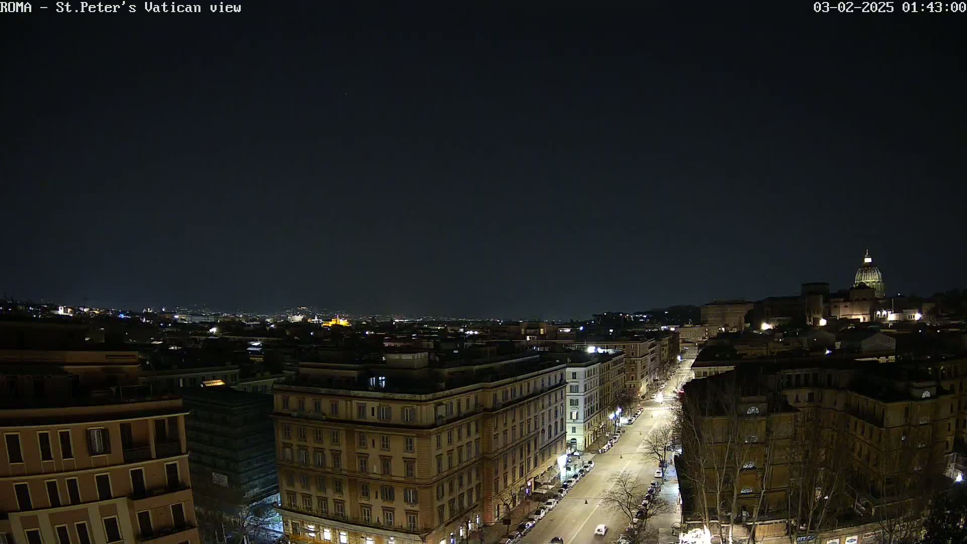 A nighttime, high-angle view of a city with illuminated buildings and streets, featuring a prominent dome in the distance under a clear, dark sky.