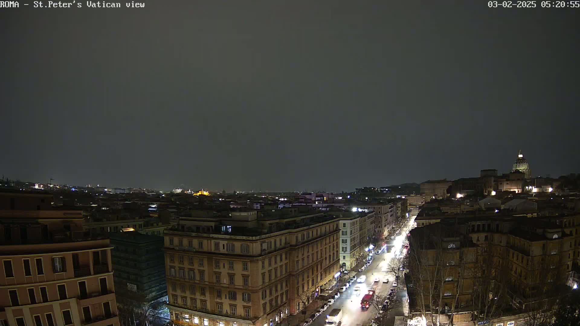 A nighttime, overcast view of a city street with buildings and traffic, culminating in a distant dome-topped structure.
