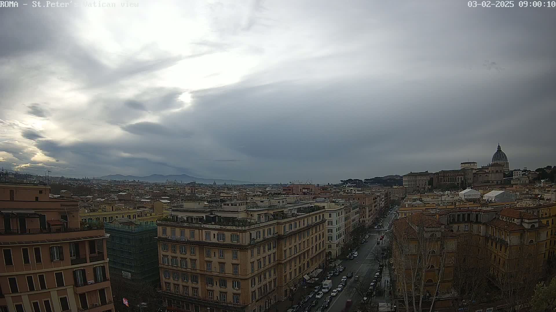 A wide shot of Rome, Italy, under a mostly cloudy sky shows a city street with traffic and numerous buildings, including St. Peter's Basilica in the distance.