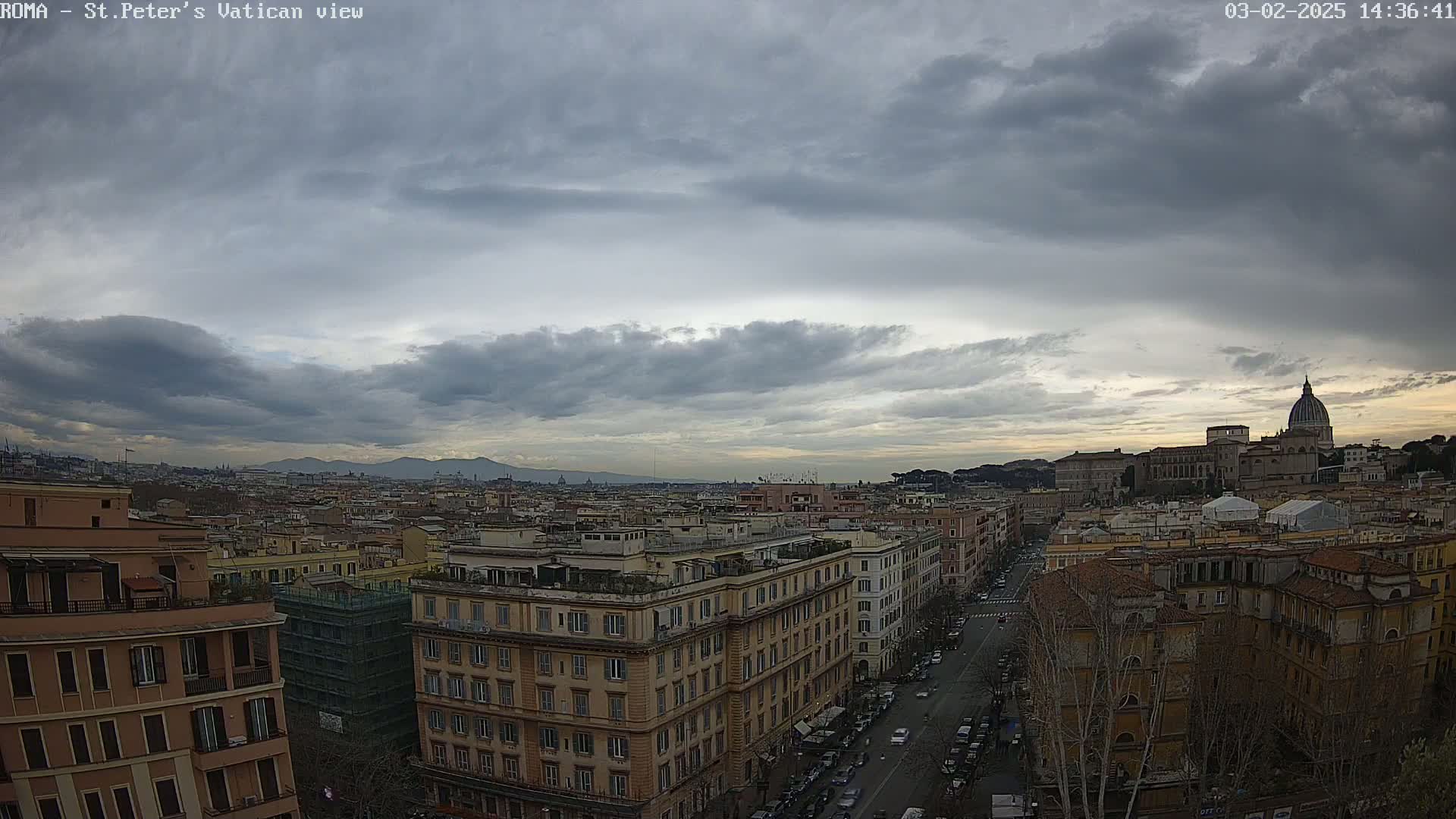 A wide shot of Rome, Italy, under a cloudy sky shows many buildings and streets stretching to the distance where St. Peter's Basilica is visible.