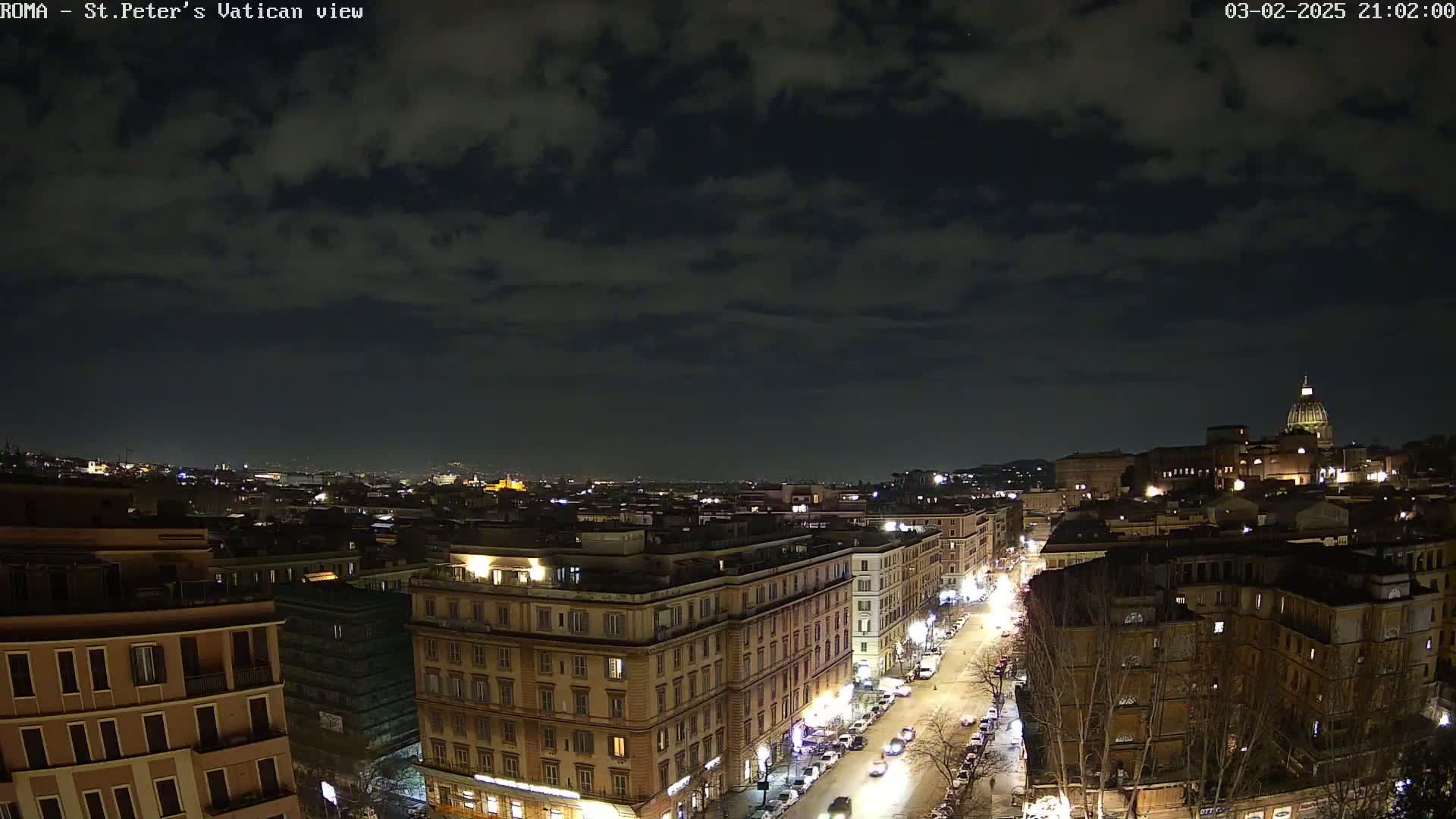 A nighttime, cloudy view of a city street scene in Rome, Italy, with St. Peter's Basilica visible in the distance.