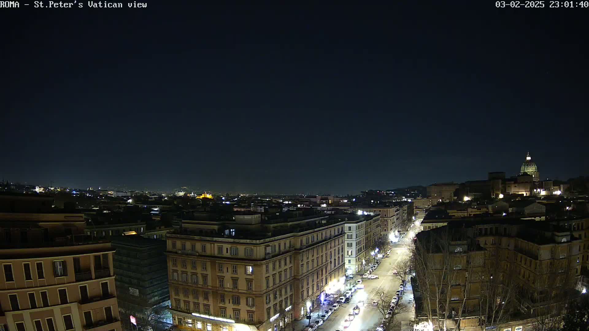 A nighttime, high-angle view of a city street, with buildings and St. Peter's Basilica visible in the distance under a clear, dark sky.