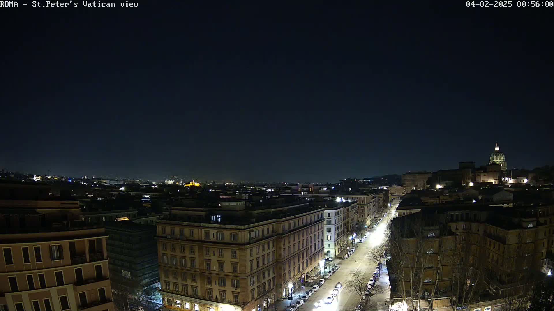 A nighttime, aerial view of a city street lined with buildings, extending toward a distant dome-topped structure under a clear, dark sky.