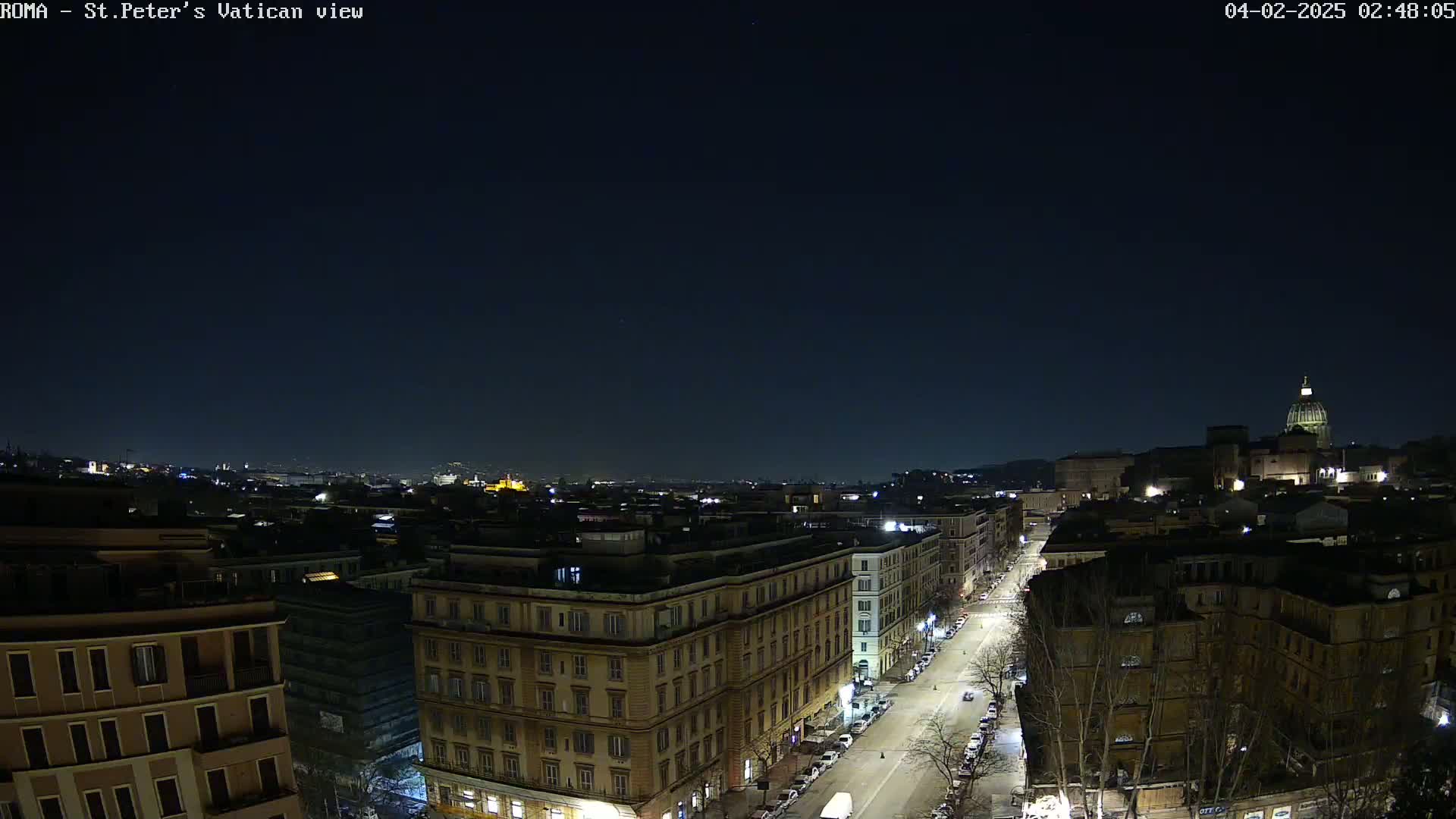 A nighttime, high-angle view of a city street with parked cars, buildings, and the dome of a large building visible in the distance under a clear, dark sky.