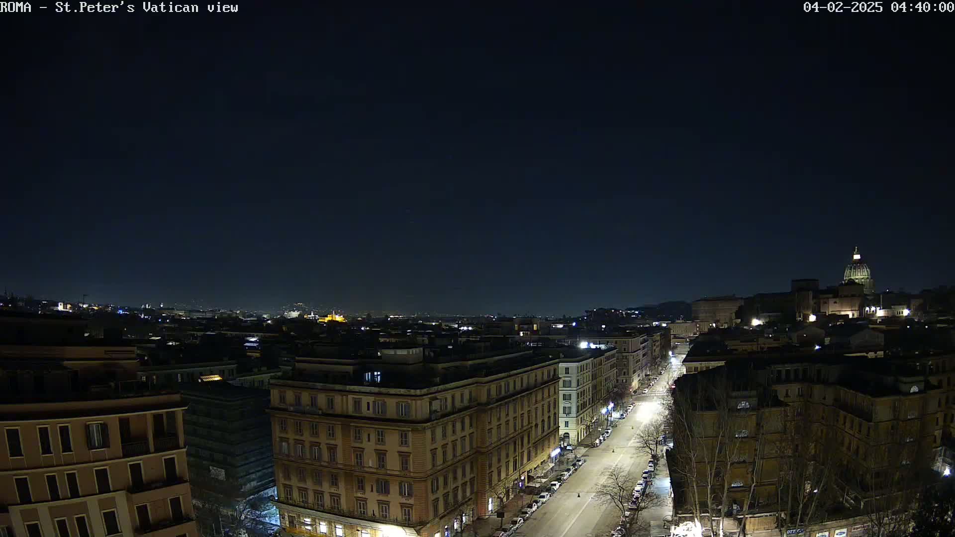 A nighttime, aerial view of a city street in Rome, Italy, shows illuminated buildings and a clear, dark sky with the dome of St. Peter's Basilica visible in the distance.