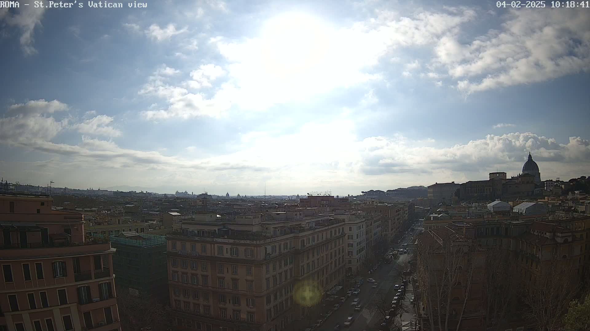 A partly cloudy daytime view of Rome, Italy, showing the cityscape and St. Peter's Basilica in the distance.
