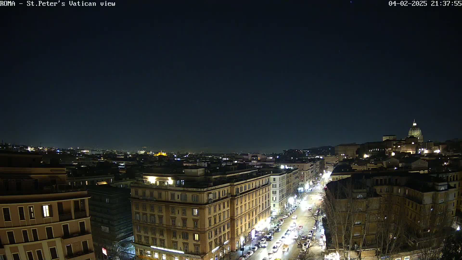 A nighttime aerial view of a city, showing illuminated buildings and streets, with St. Peter's Basilica visible in the distance under a clear, dark sky.