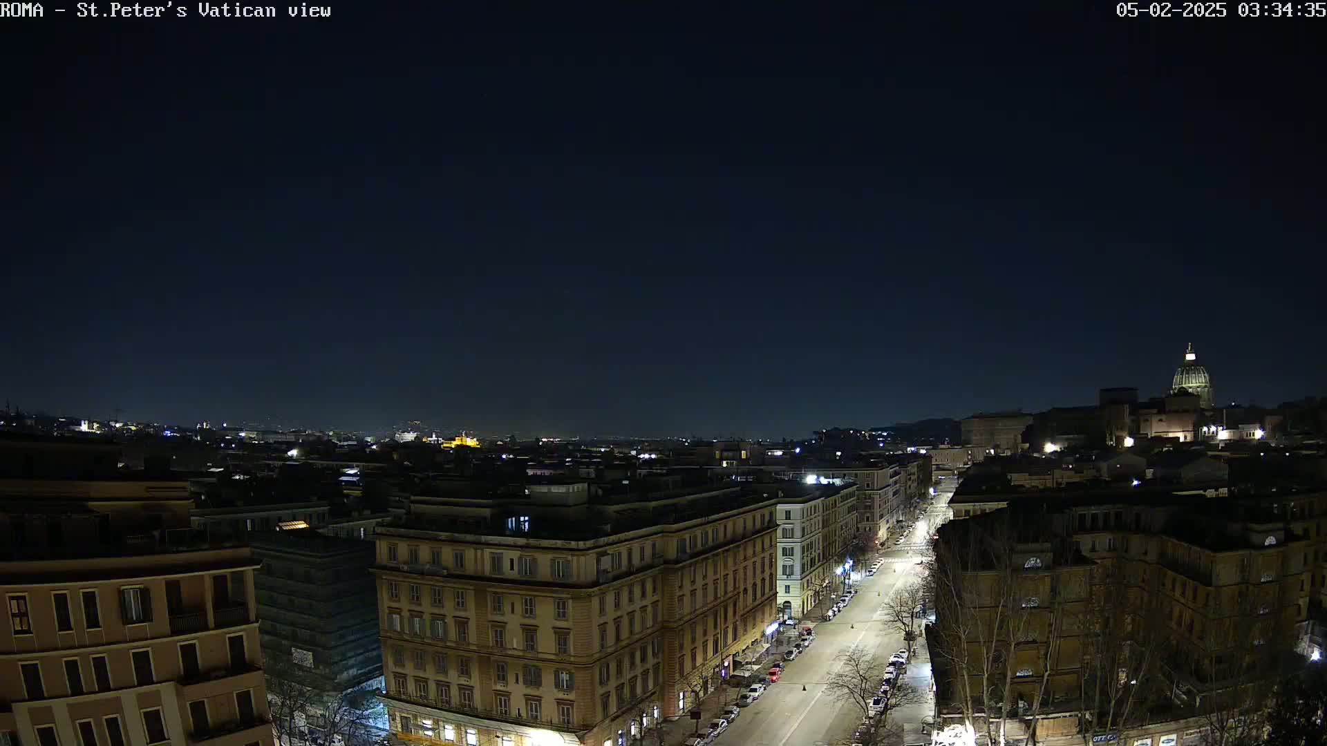 A nighttime, aerial view of a city, showing a street with cars and buildings, and a dome in the distance under a clear, dark sky.