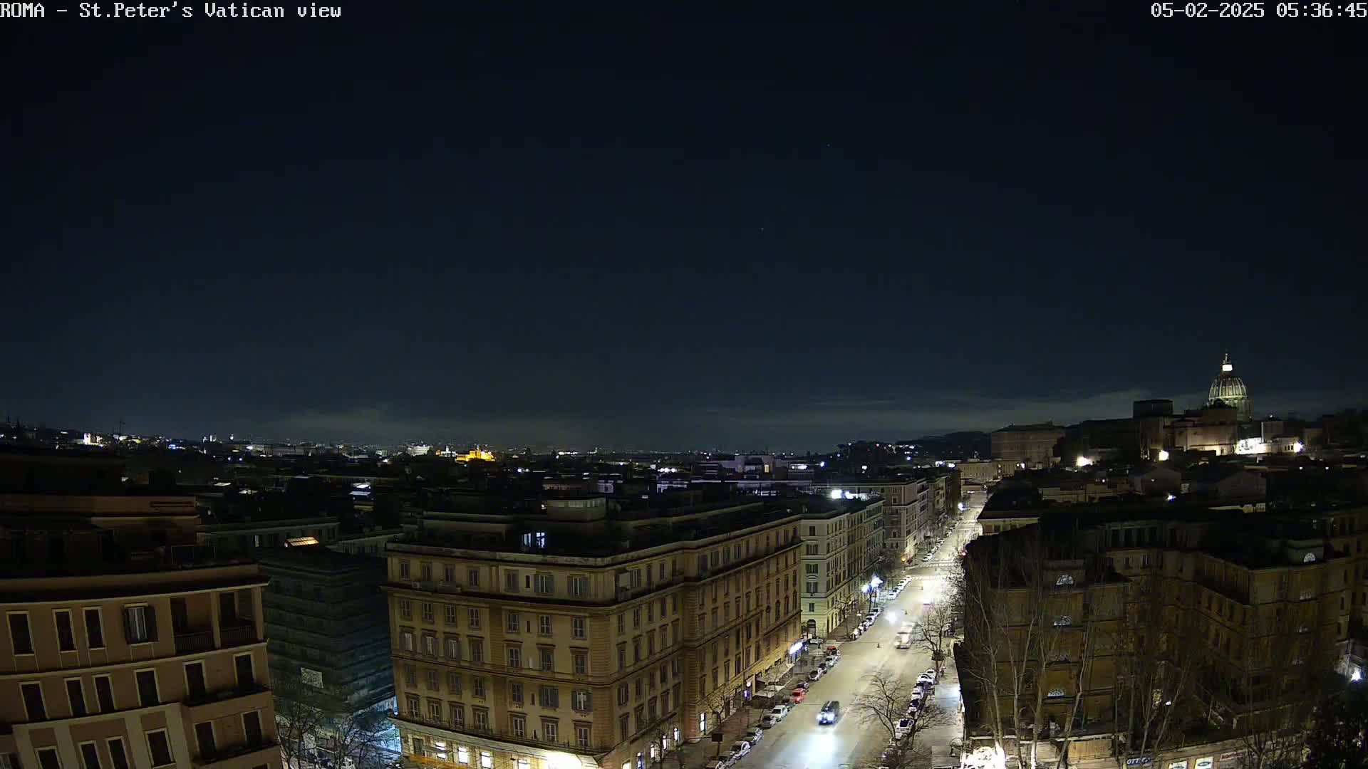 A nighttime, high-angle view of a city street lined with buildings, extending toward a distant dome-topped structure under a dark, clear sky.