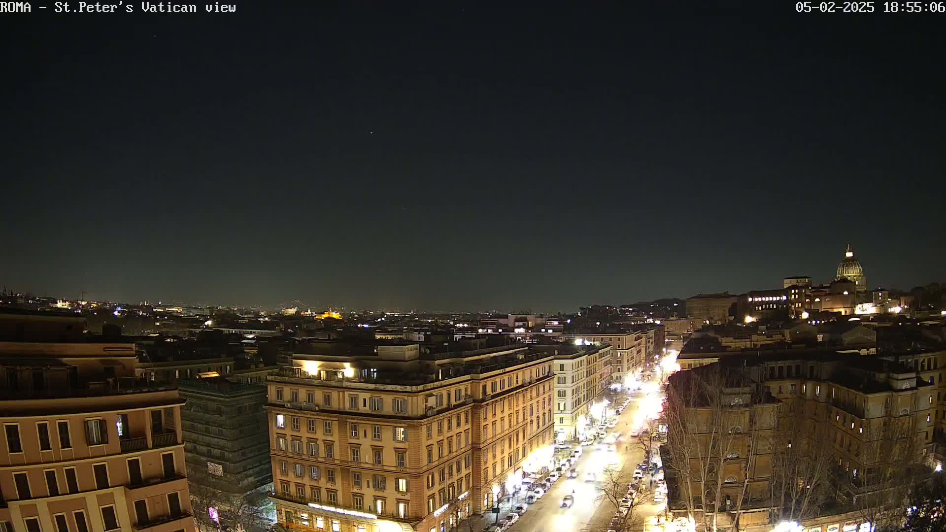 A nighttime aerial view of a city street lined with buildings, with the dome of St. Peter's Basilica visible in the distance under a clear, dark sky.