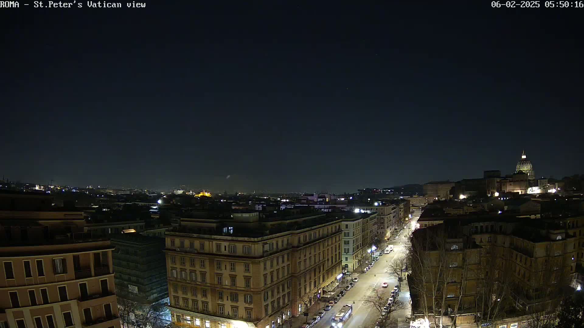 A nighttime aerial view of a city street lined with buildings, with the St. Peter's Basilica dome visible in the distance under a clear, dark sky.