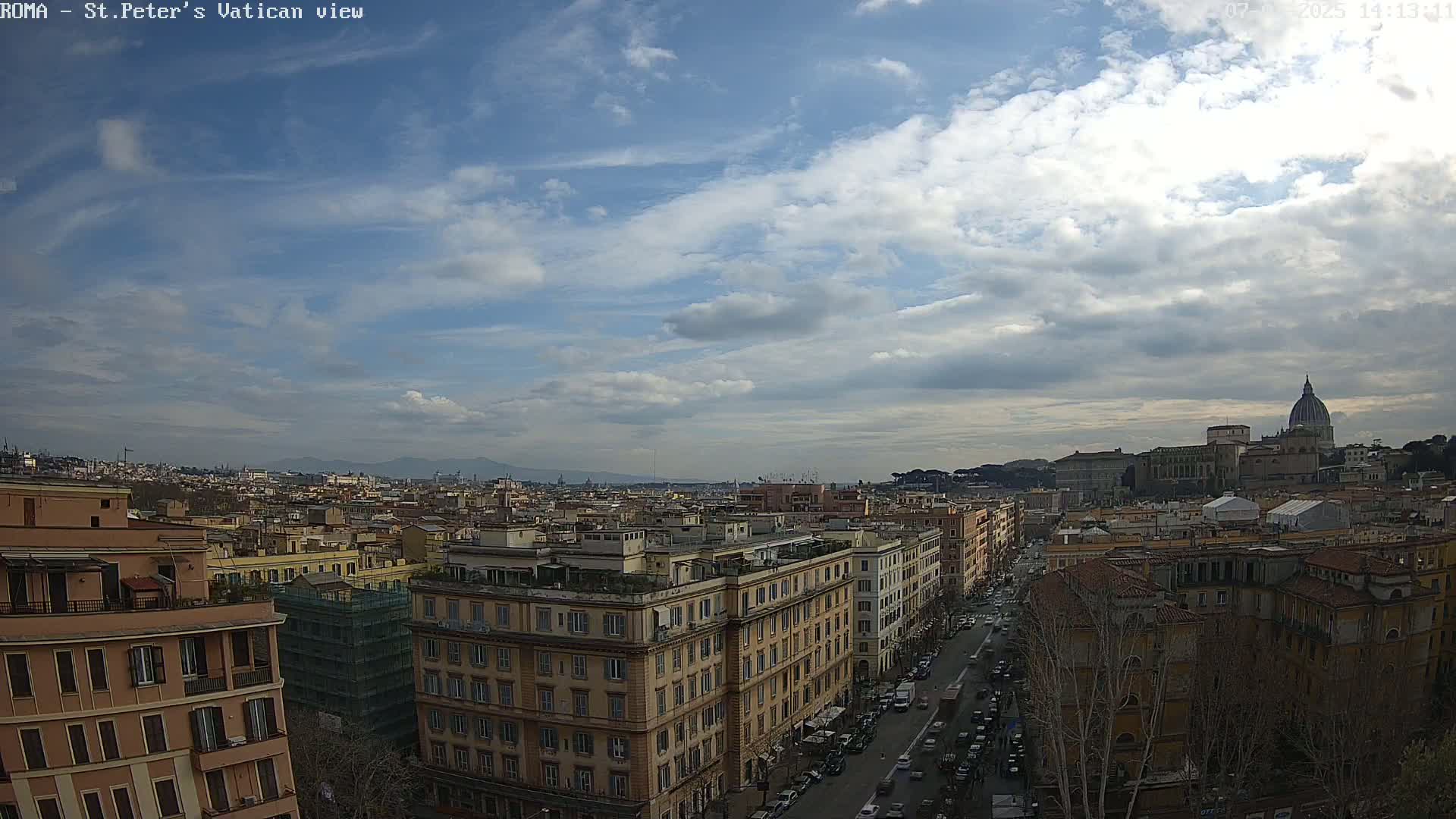 A partly cloudy sky overlooks a cityscape of Rome, Italy, with St. Peter's Basilica visible in the distance.