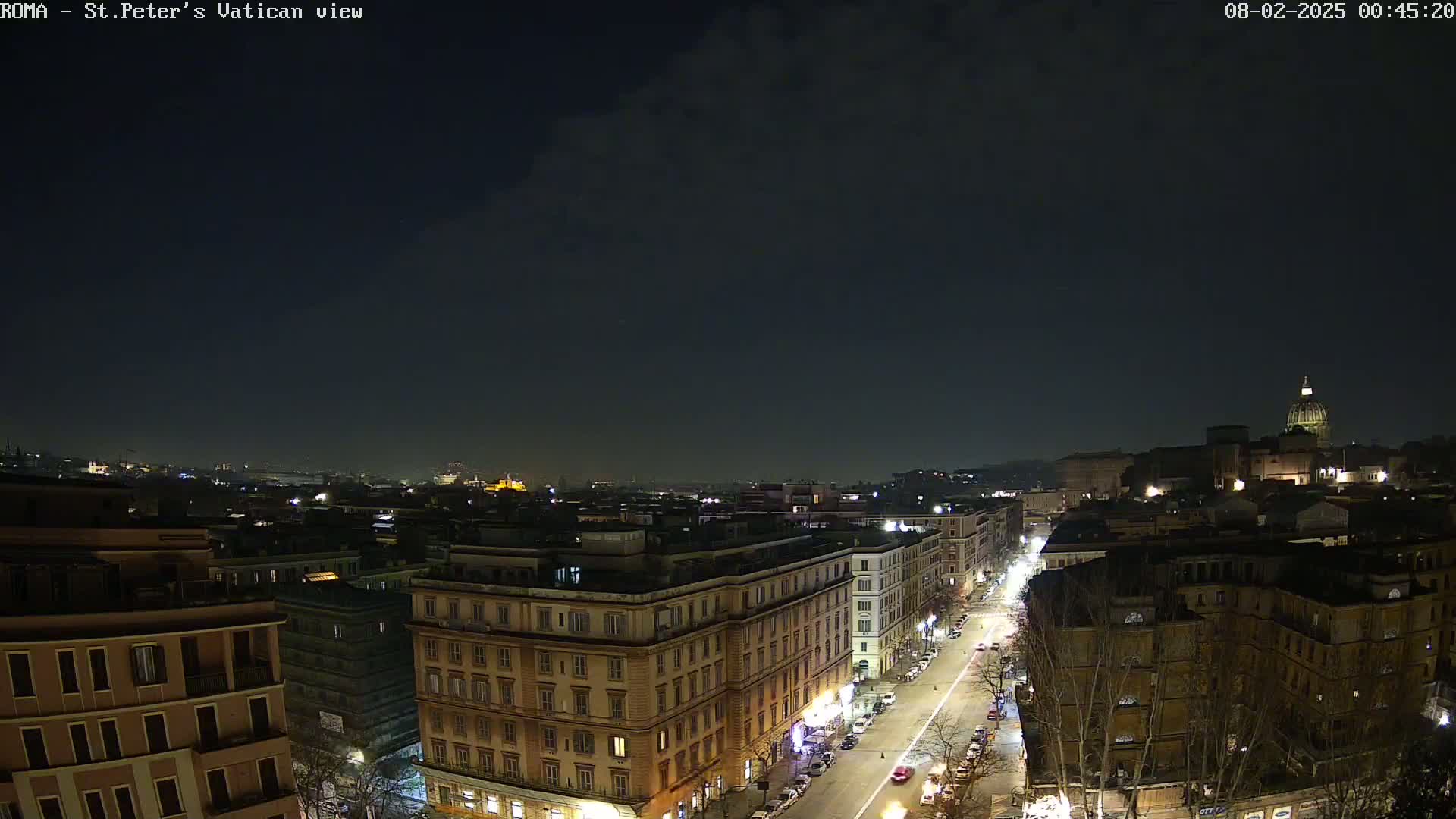 A nighttime aerial view of a city, showing a street lined with buildings and illuminated by streetlights, under a dark, cloudy sky with the dome of St. Peter's Basilica visible in the distance.