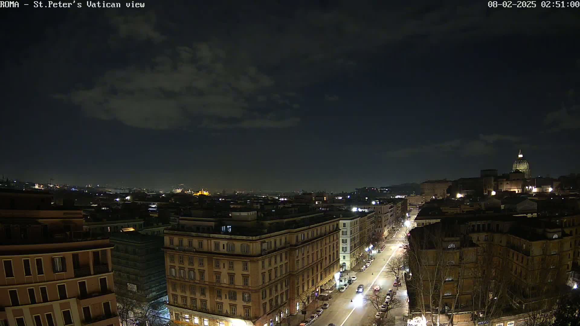 A nighttime view of a city street, lined with buildings, leading towards a dome-topped structure under a partly cloudy sky.