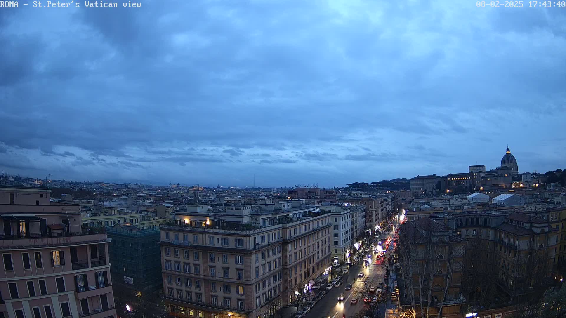 A twilight view of Rome, Italy, shows a cityscape with St. Peter's Basilica in the distance under a mostly cloudy sky.