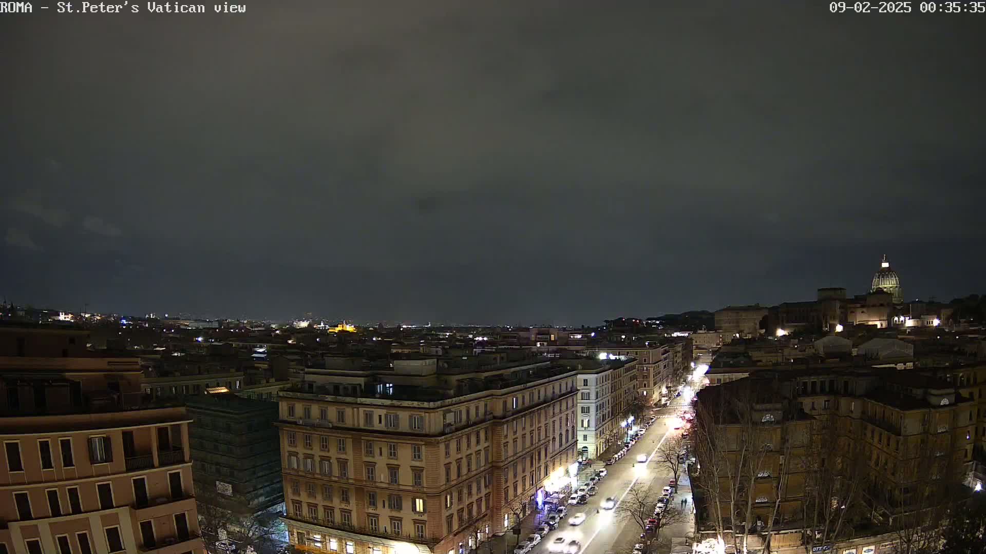 A nighttime cityscape showing a city street with cars and buildings, under a dark, cloudy sky, with St. Peter's Basilica visible in the distance.