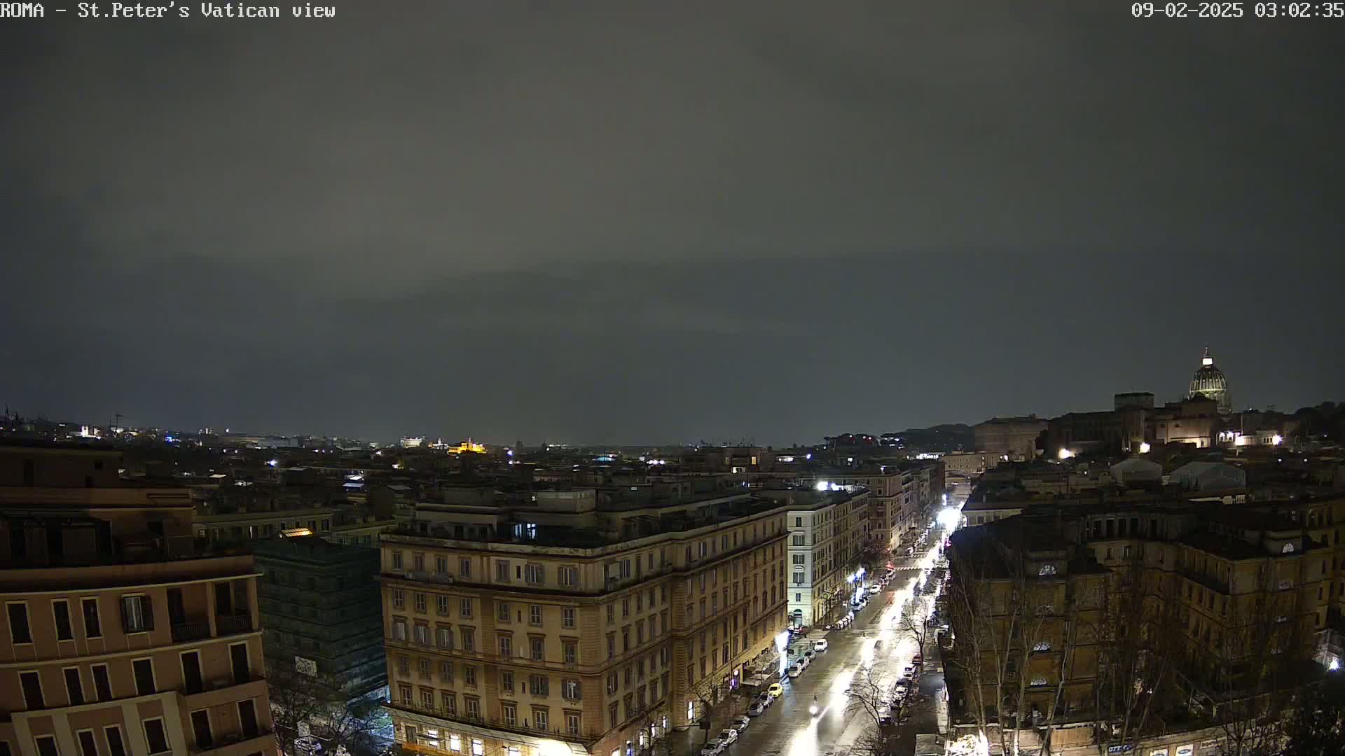 A nighttime, overcast view of a city street lined with buildings, extending to a distant cityscape with a prominent dome-shaped structure visible under a dark sky.