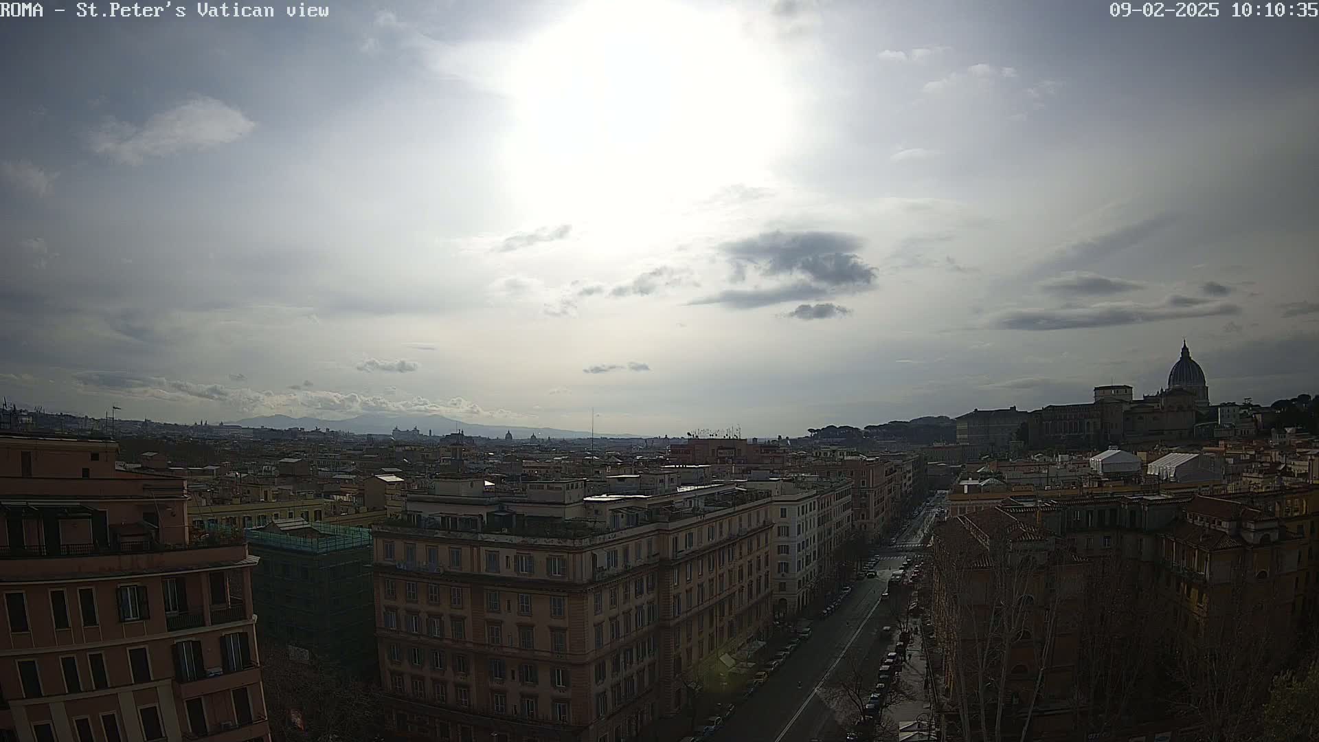 A partly cloudy sky overlooks a cityscape of multi-story buildings, with a large dome visible in the distance.
