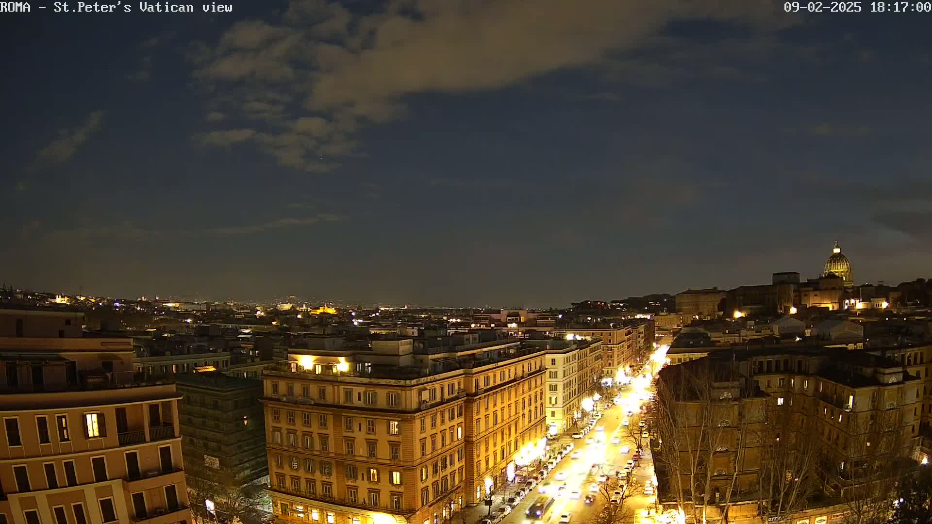 A nighttime cityscape view shows illuminated buildings and streets, with a partially cloudy sky and the dome of St. Peter's Basilica visible in the distance.