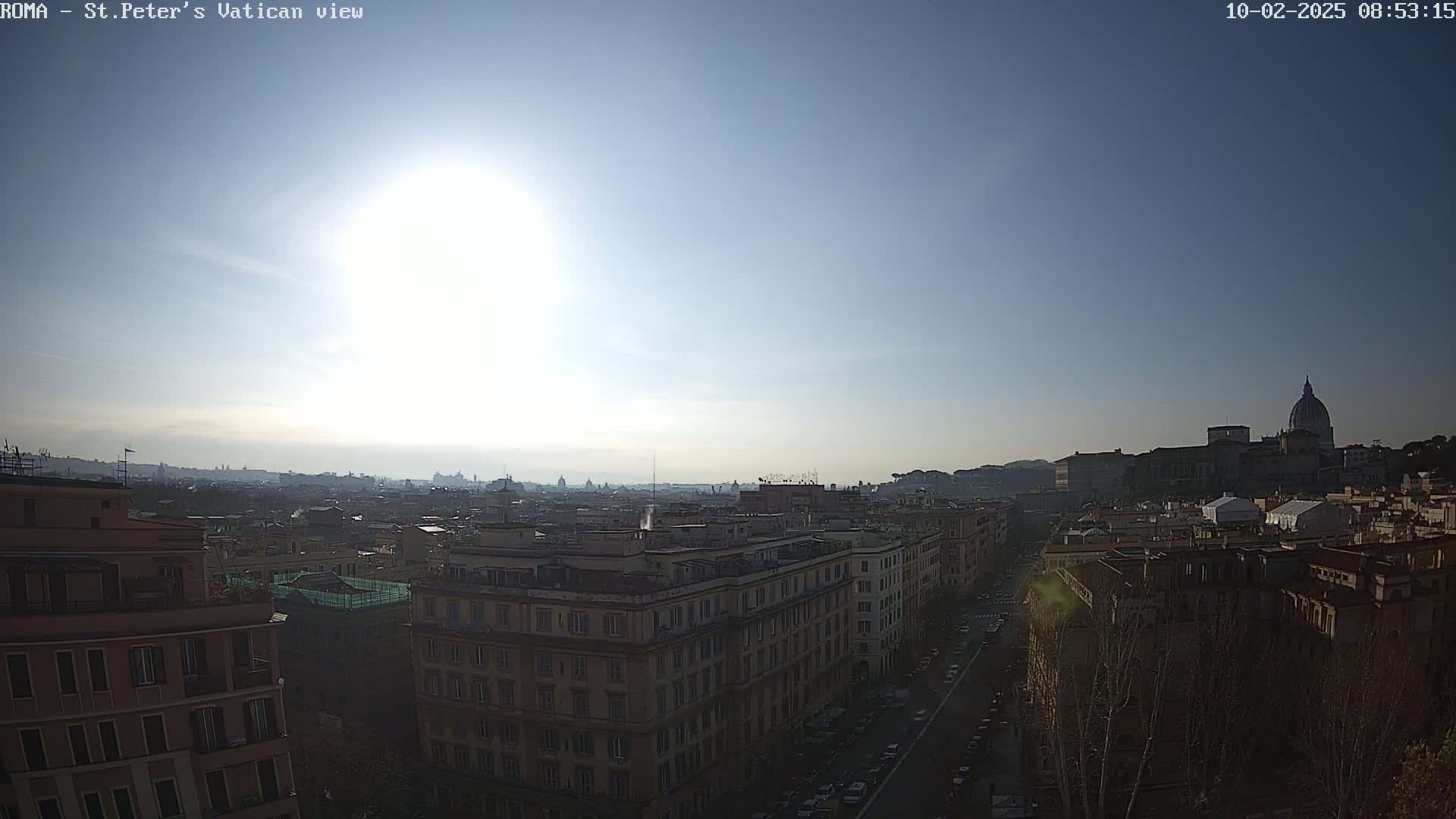 A sunny, hazy day reveals a cityscape of Rome, with St. Peter's Basilica visible in the distance.