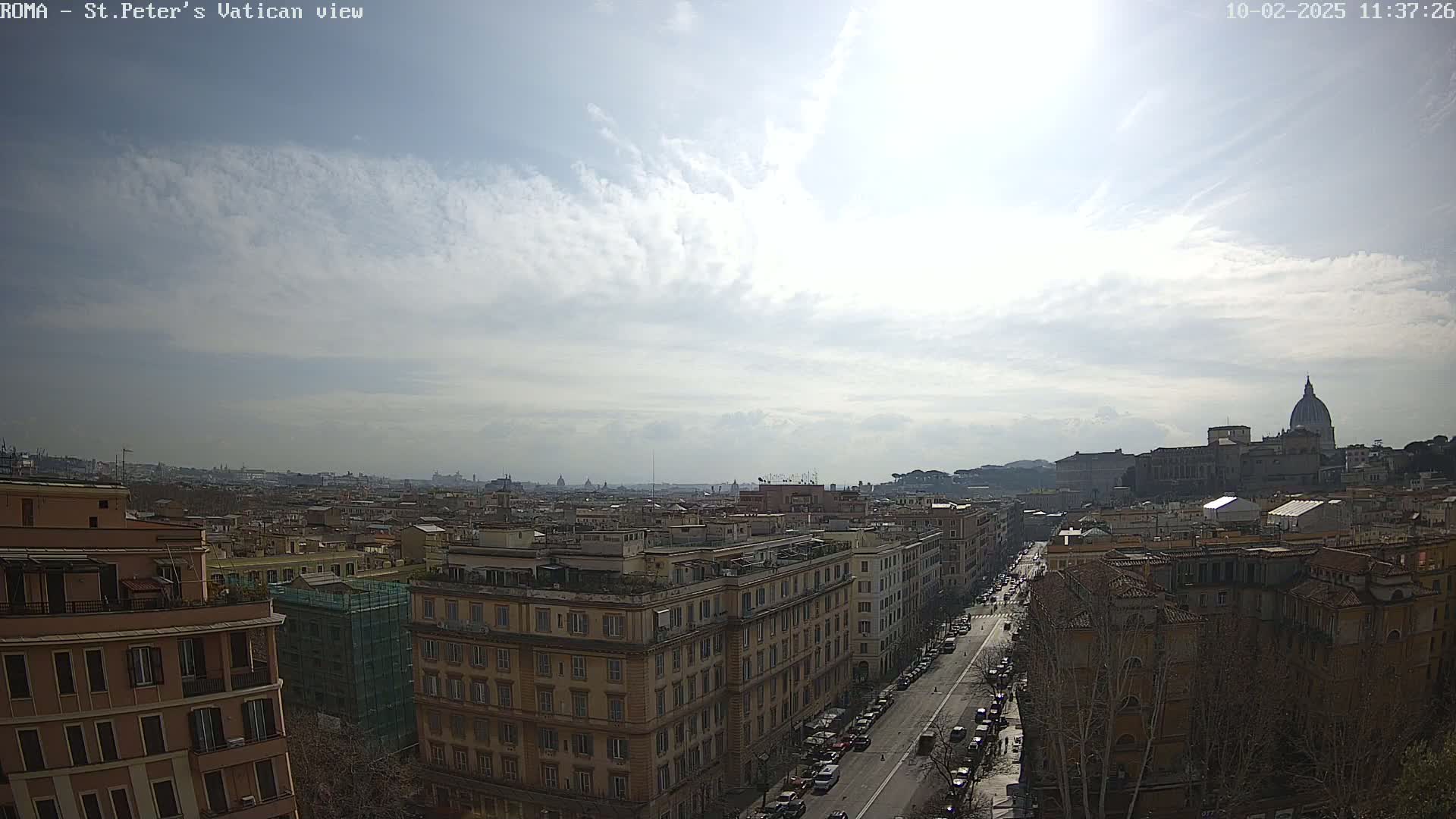 A partly cloudy day reveals a panoramic view of Rome, Italy, showcasing a cityscape with numerous buildings and the dome of St. Peter's Basilica in the distance.