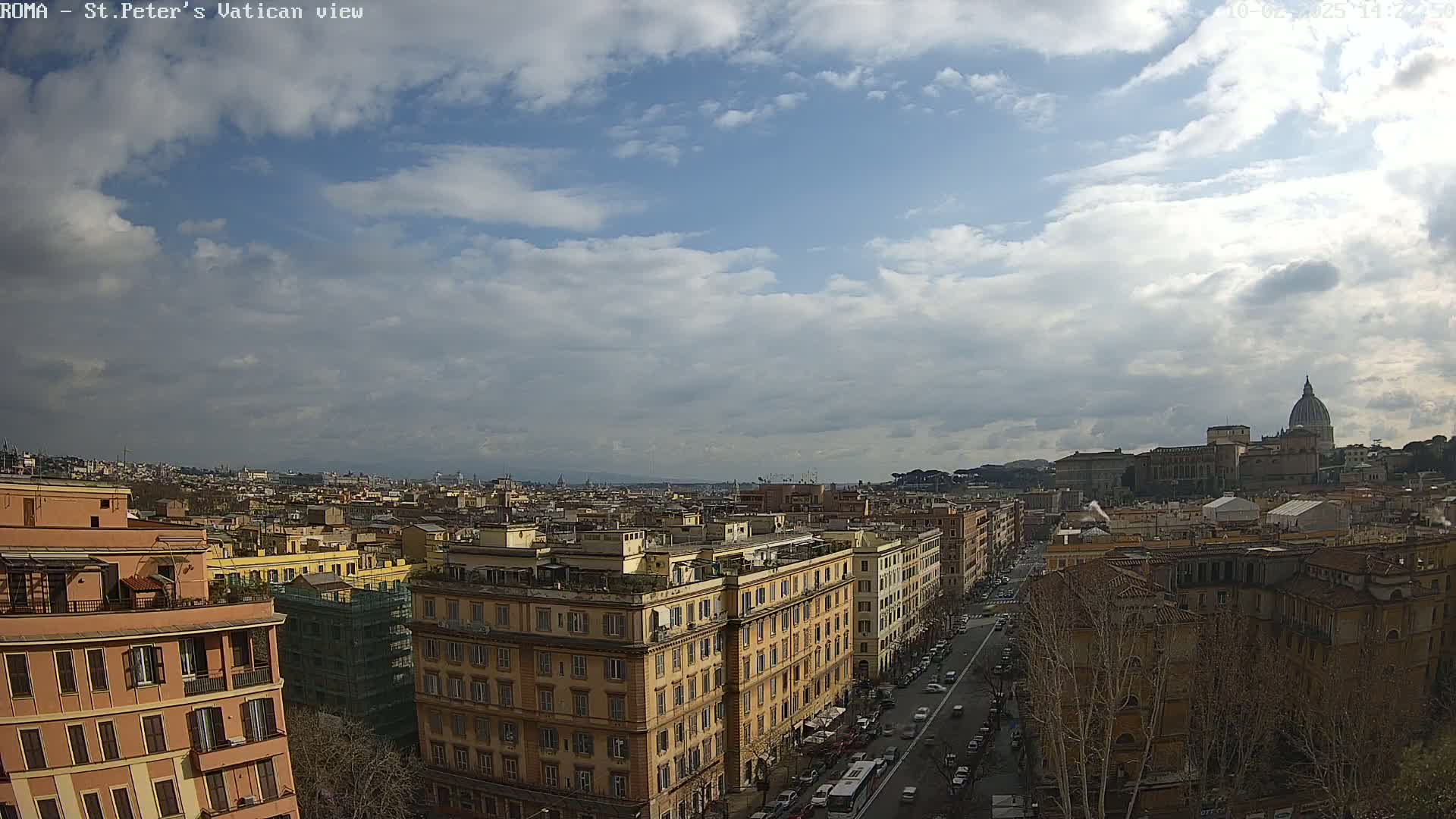 A partly cloudy sky overlooks a cityscape of Rome, Italy, with St. Peter's Basilica visible in the distance.