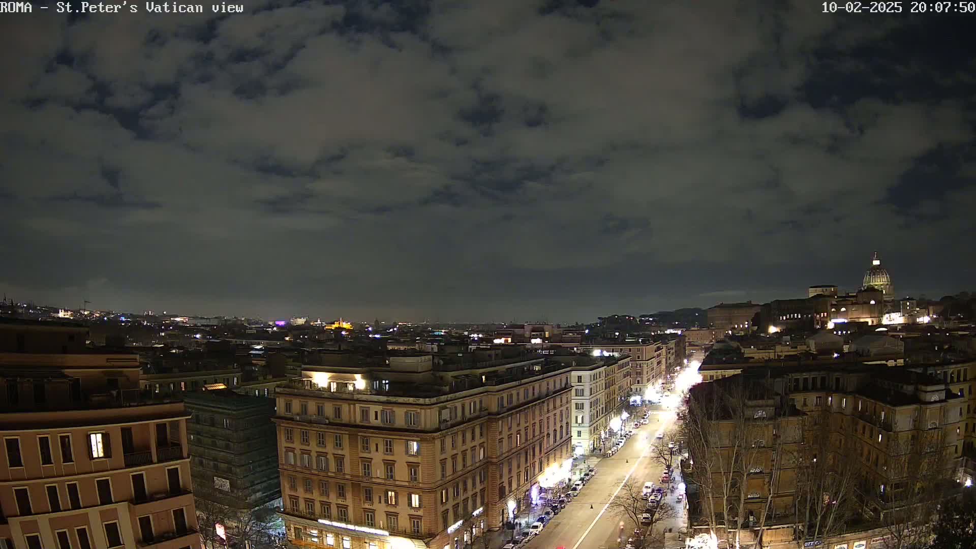 A nighttime view of a city street in Rome, under a cloudy sky, shows buildings lit up and a distant view of the dome of St. Peter's Basilica.