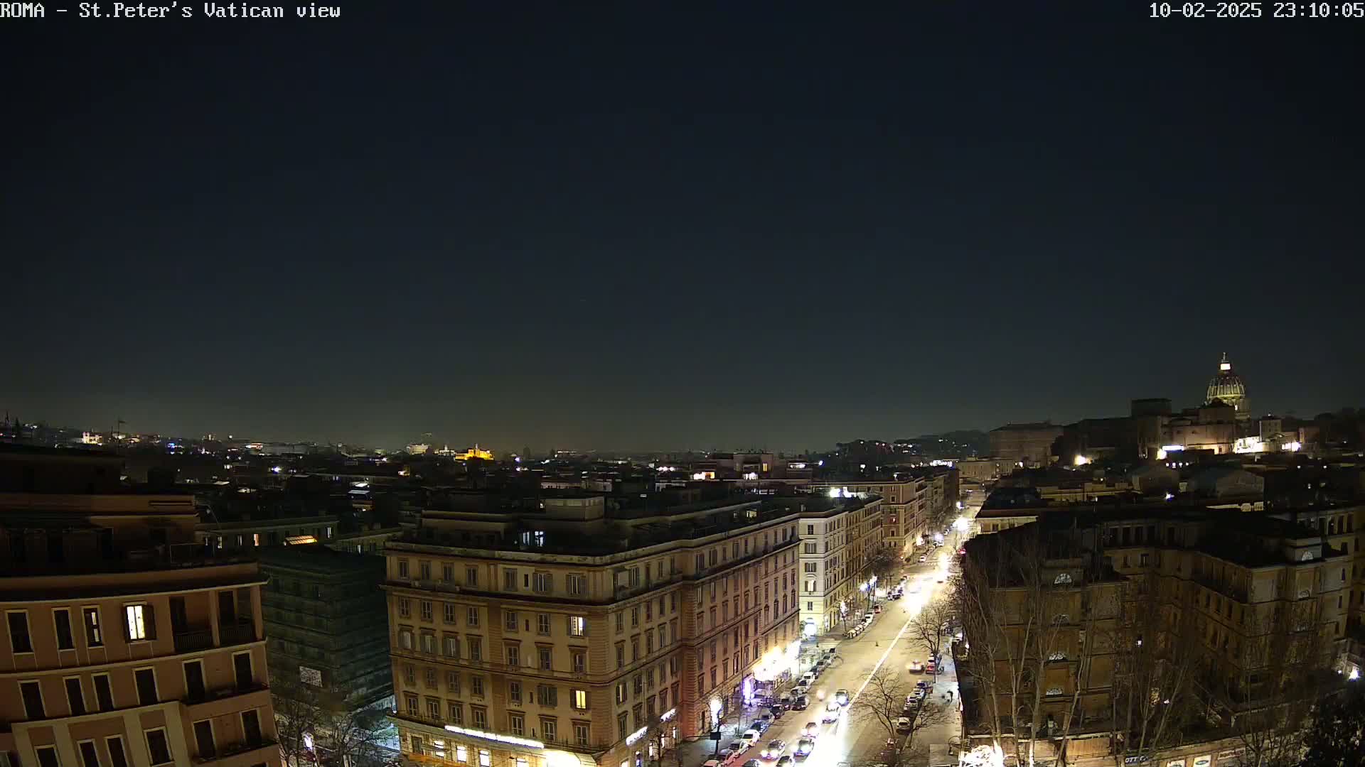 A nighttime view of a city, with illuminated buildings and streets, under a dark, clear sky.