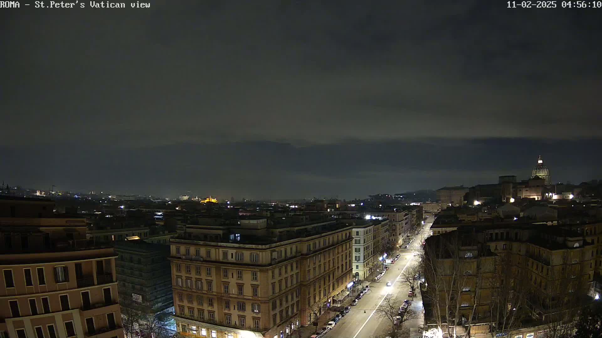 A nighttime, overcast view of a city with a long, brightly lit street leading towards a large domed building in the distance.