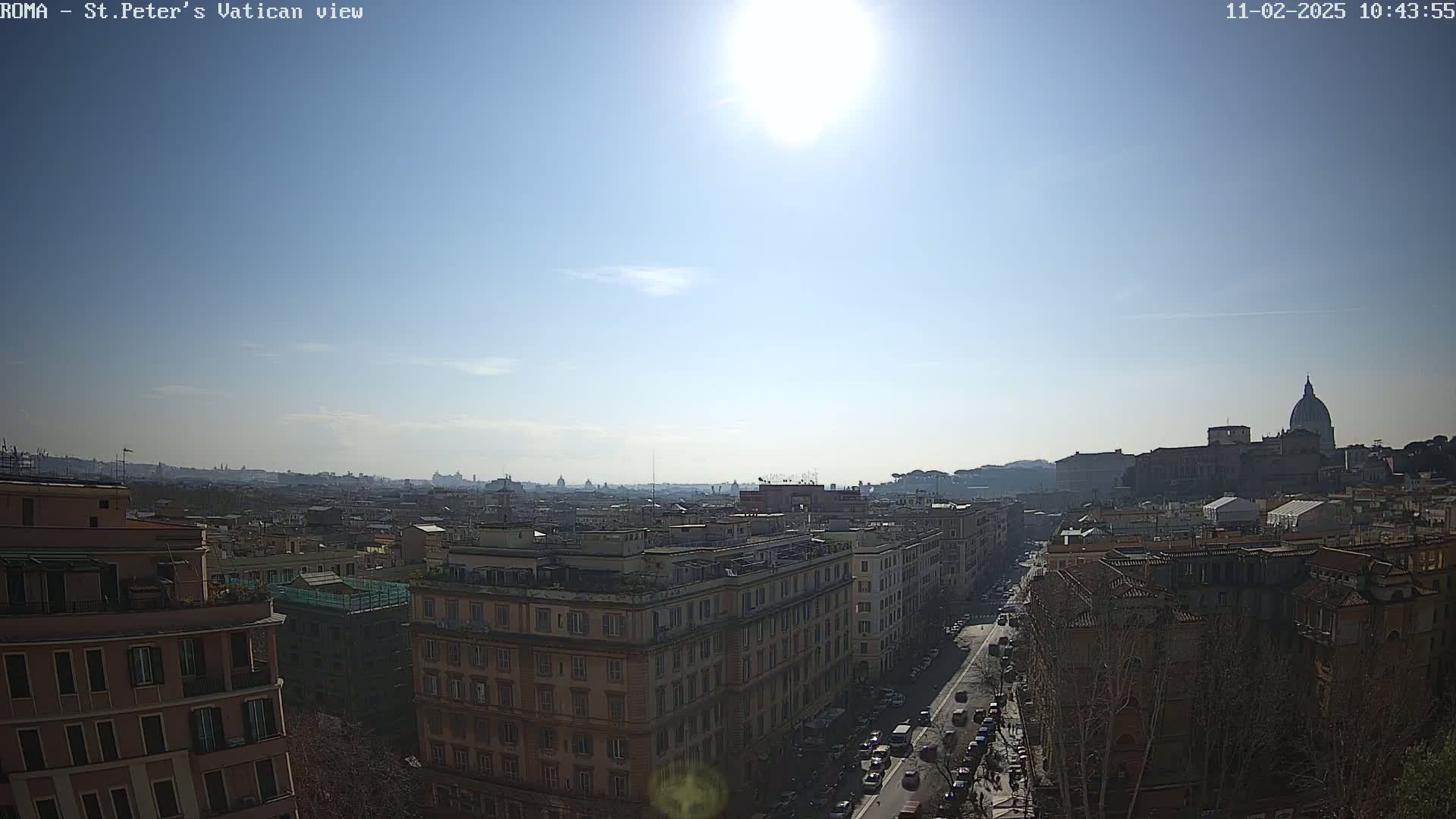 A sunny day in Rome, showing a cityscape with St. Peter's Basilica in the distance.